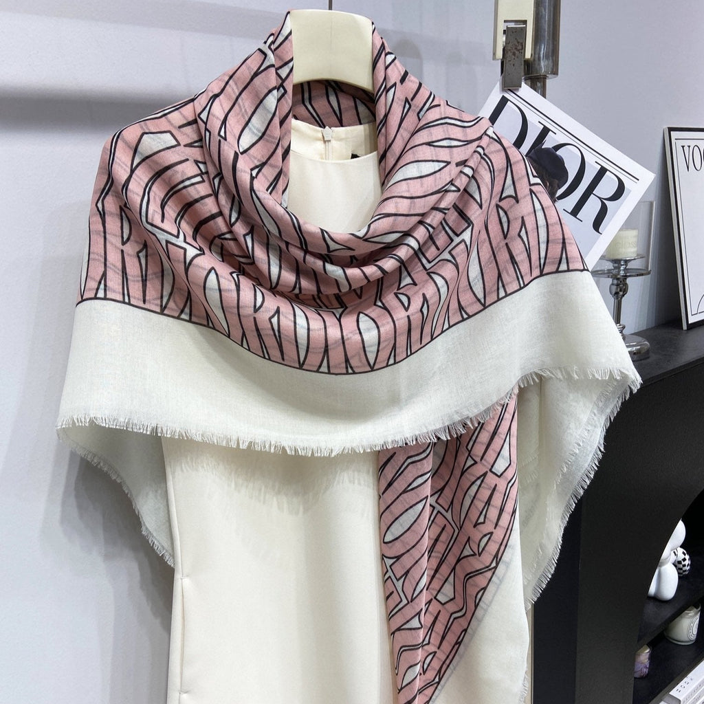 DIOR MISS  ALLOVER SHAWL 140 CM IN PALE PINK MIX WHITE SILK CASHMERE 411631