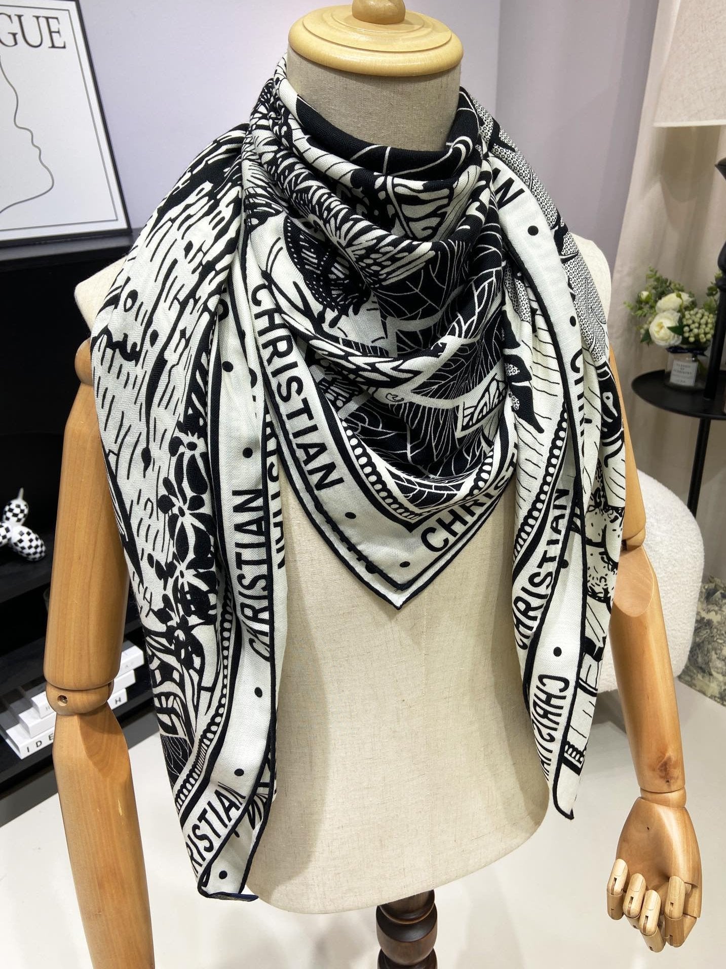 DIOR SQUARE SCARF 140 CM IN BLACK MIX WHITE MONOGRAM WOOL AND SILK 415111