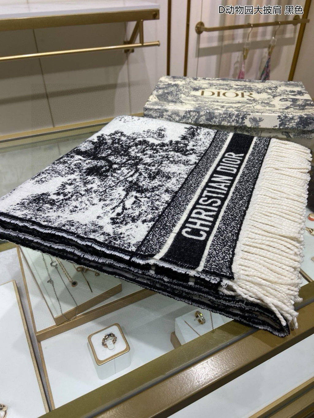 DIOR SQUARE SCARF 140 CM IN BLACK MIX WHITE MONOGRAM CASHMERE AND WOOL 416918