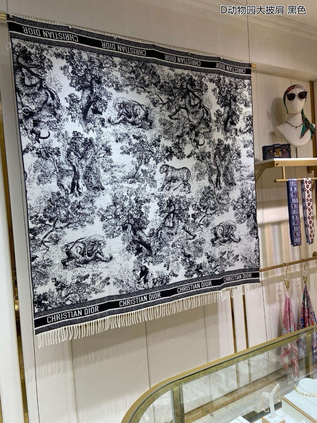 DIOR SQUARE SCARF 140 CM IN BLACK MIX WHITE MONOGRAM CASHMERE AND WOOL 416918
