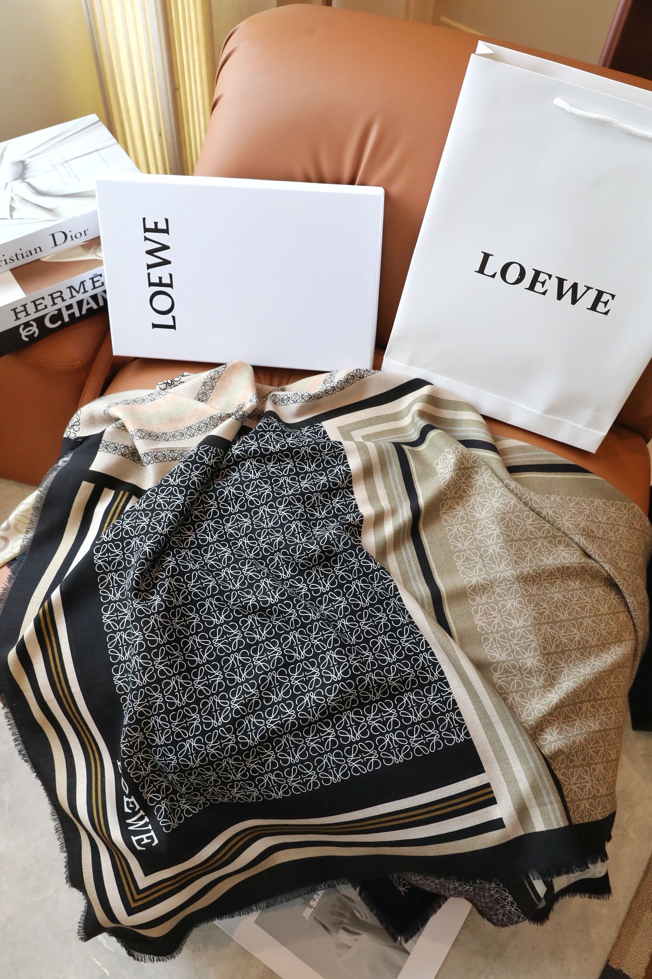 LOEWE ANAGRAM SQUARE 140 CM SCARF IN COLORFUL SILK AND CASHMERE 413599