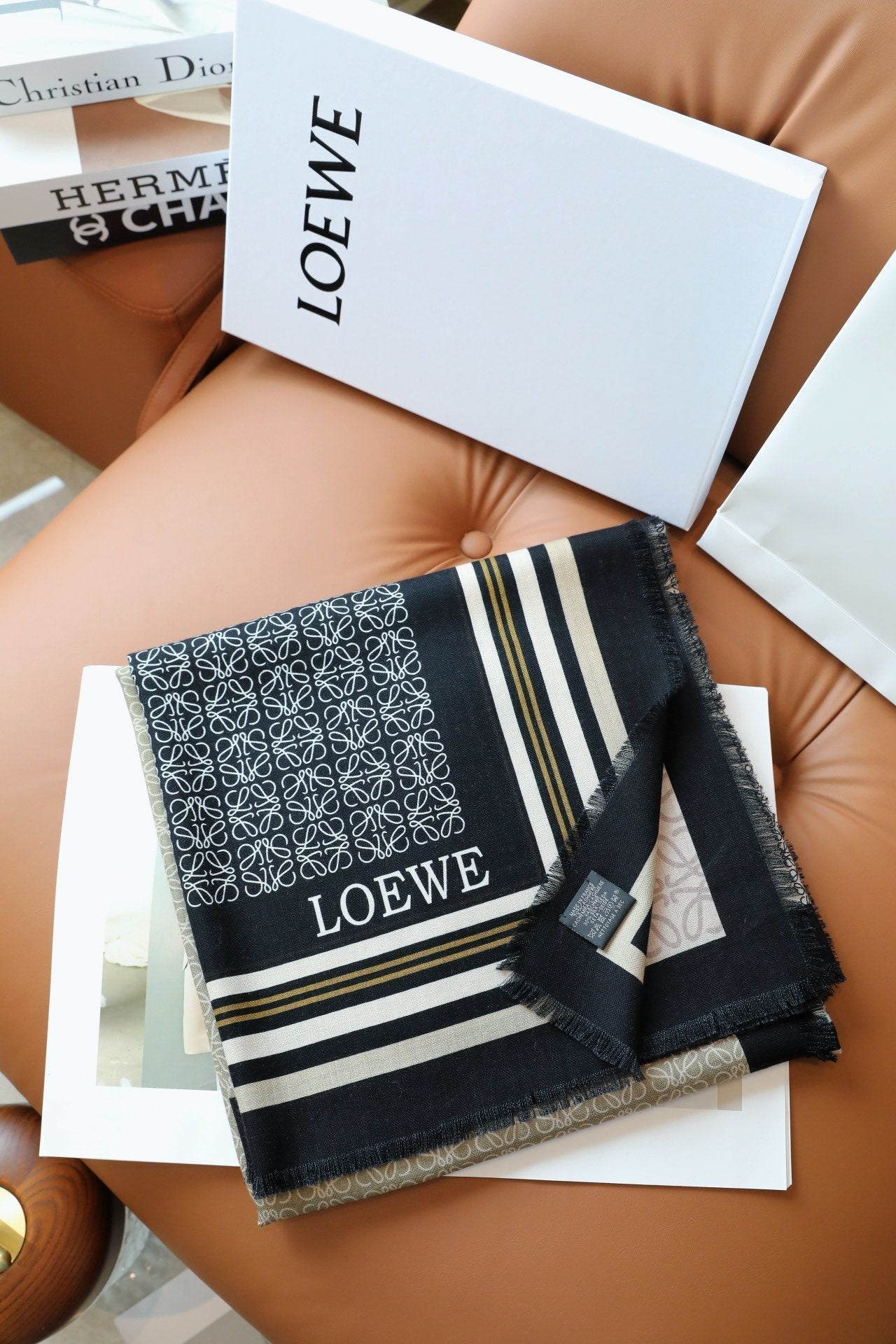 LOEWE ANAGRAM SQUARE 140 CM SCARF IN COLORFUL SILK AND CASHMERE 413599