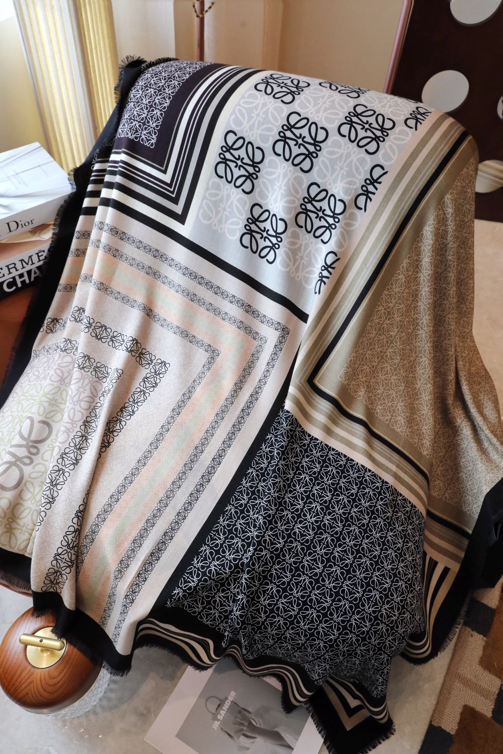 LOEWE ANAGRAM SQUARE 140 CM SCARF IN COLORFUL SILK AND CASHMERE 413599