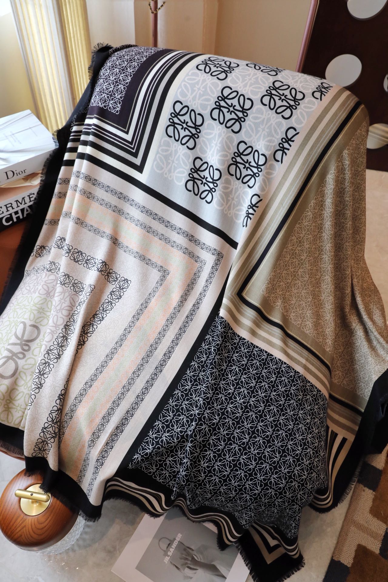 LOEWE ANAGRAM SQUARE 140 CM SCARF IN COLORFUL SILK AND CASHMERE 413599