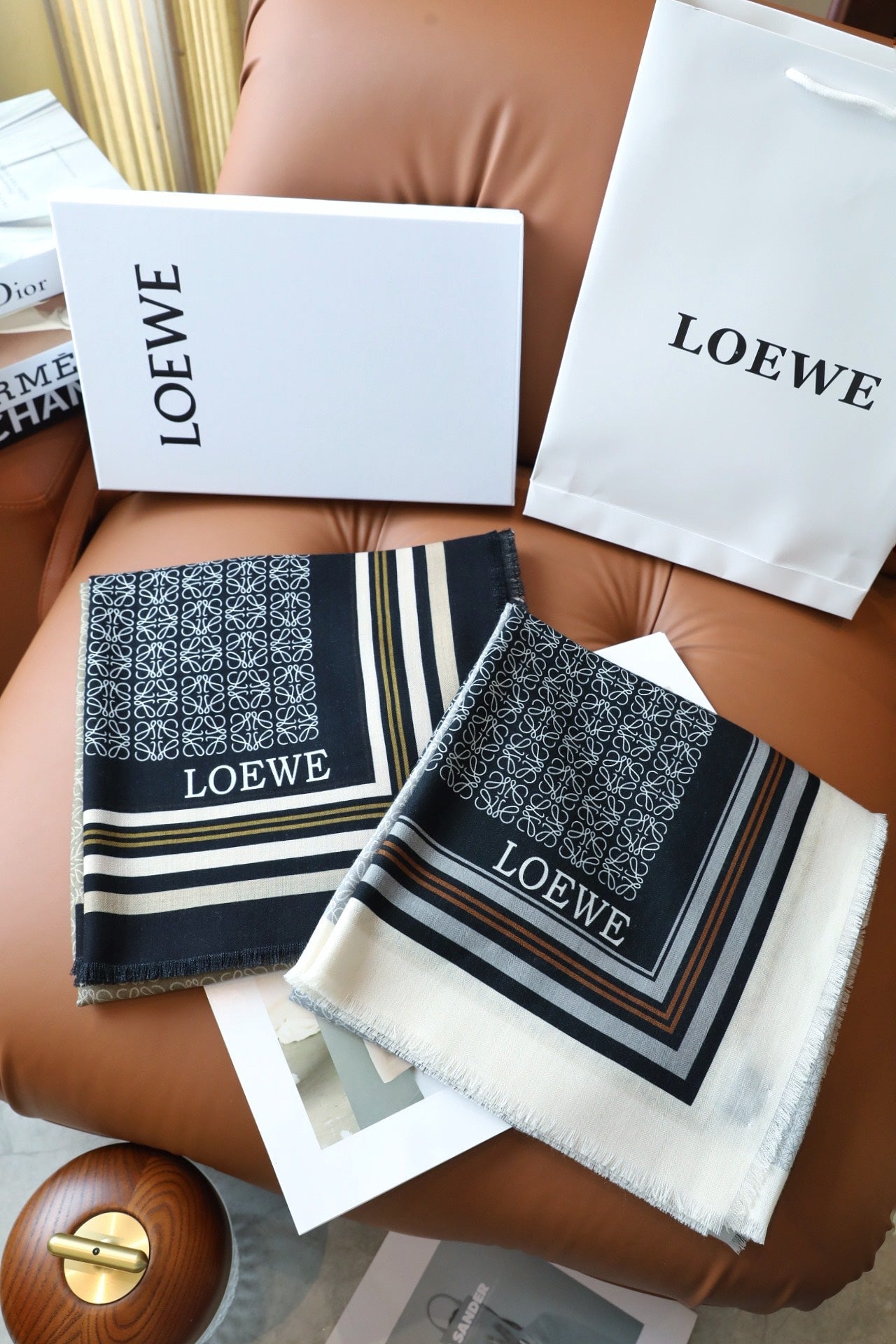 LOEWE ANAGRAM SQUARE 140 CM SCARF IN COLORFUL SILK AND CASHMERE 413599