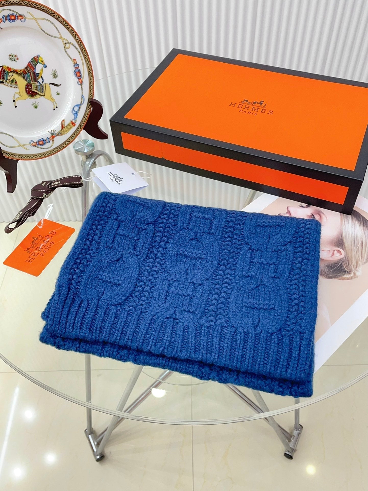 HERMES FAUBOURG MUFFLER 170 CM IN COBALT BLUE CASERE