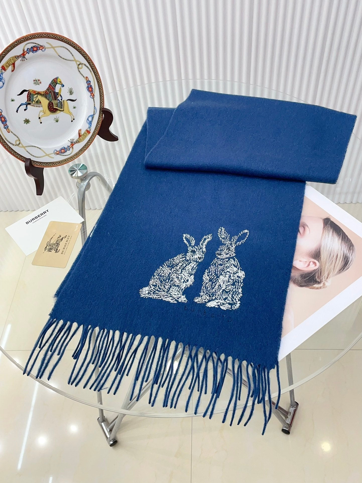 BURBERRY HARE WOOL CASHMERE SCARF 180 CM COBALT BLUE 376428
