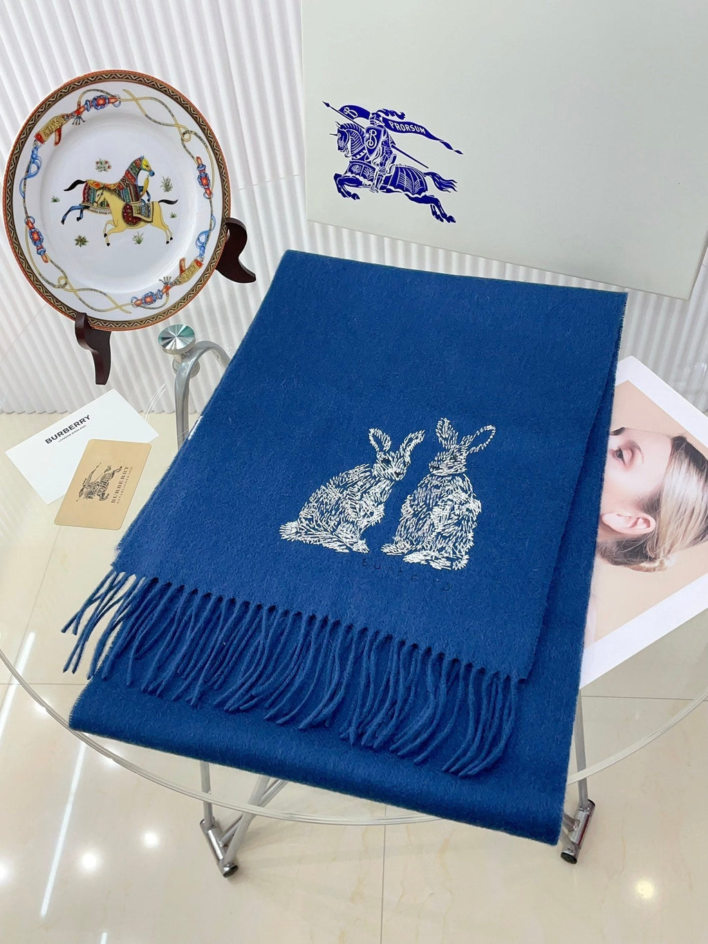 BURBERRY HARE WOOL CASHMERE SCARF 180 CM COBALT BLUE 376428