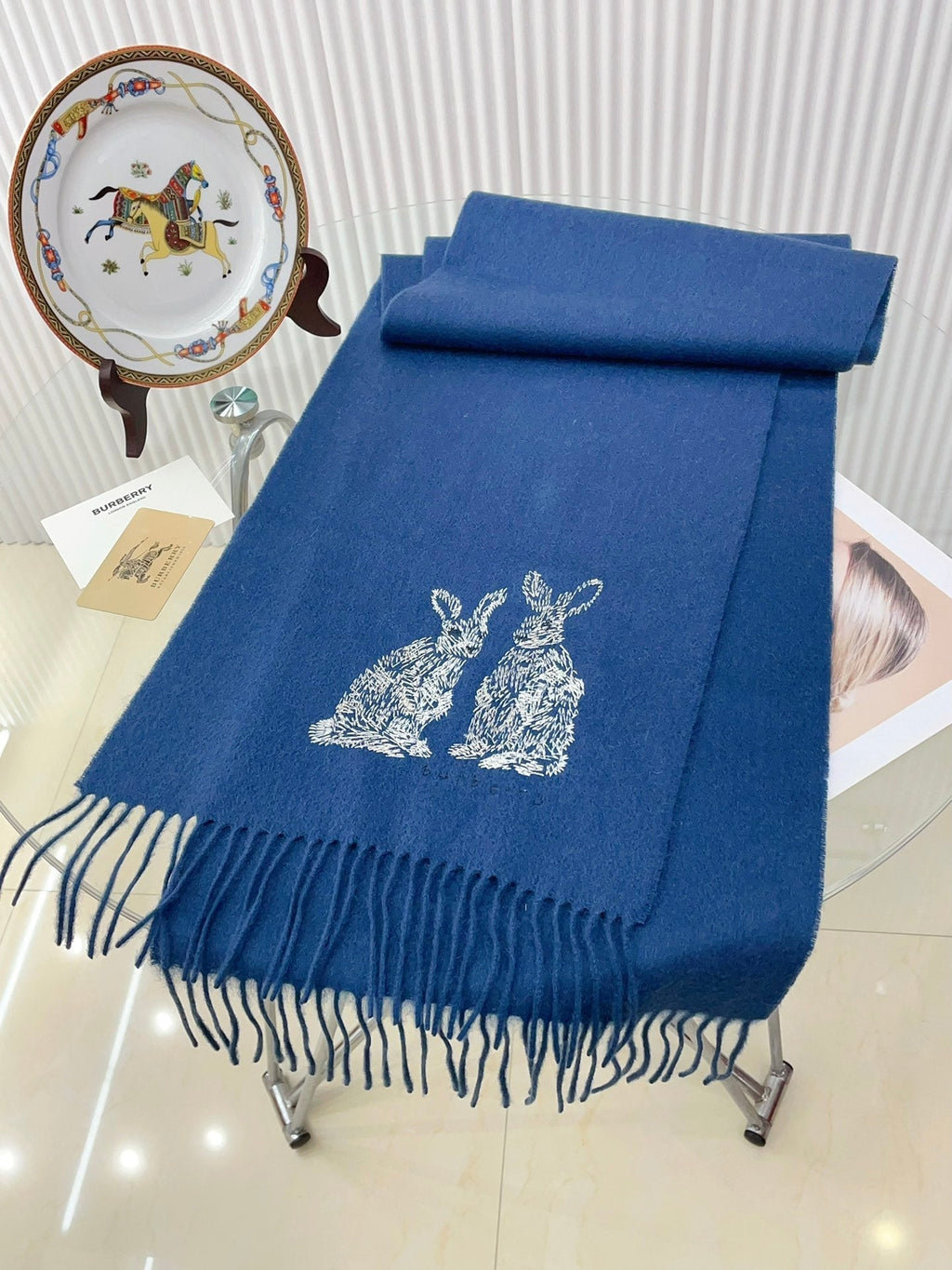 BURBERRY HARE WOOL CASHMERE SCARF 180 CM COBALT BLUE 376428