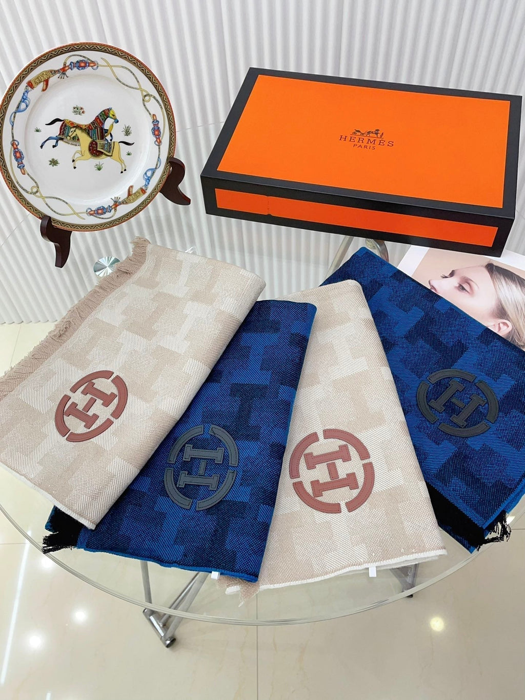HERMES SCARF 200 CM IN COBALT BLUE MONOGRAM CASERE