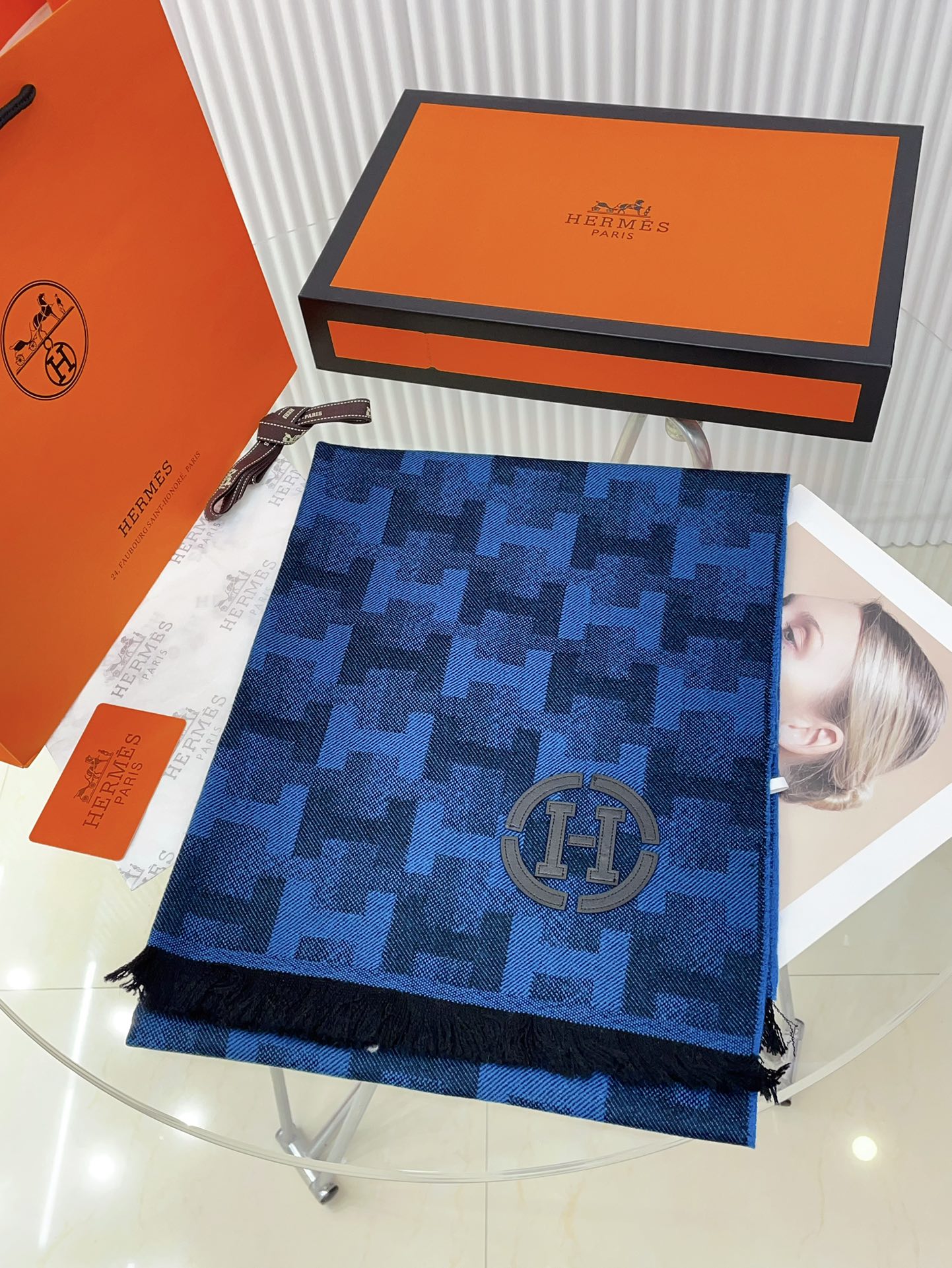 HERMES SCARF 200 CM IN COBALT BLUE MONOGRAM CASERE