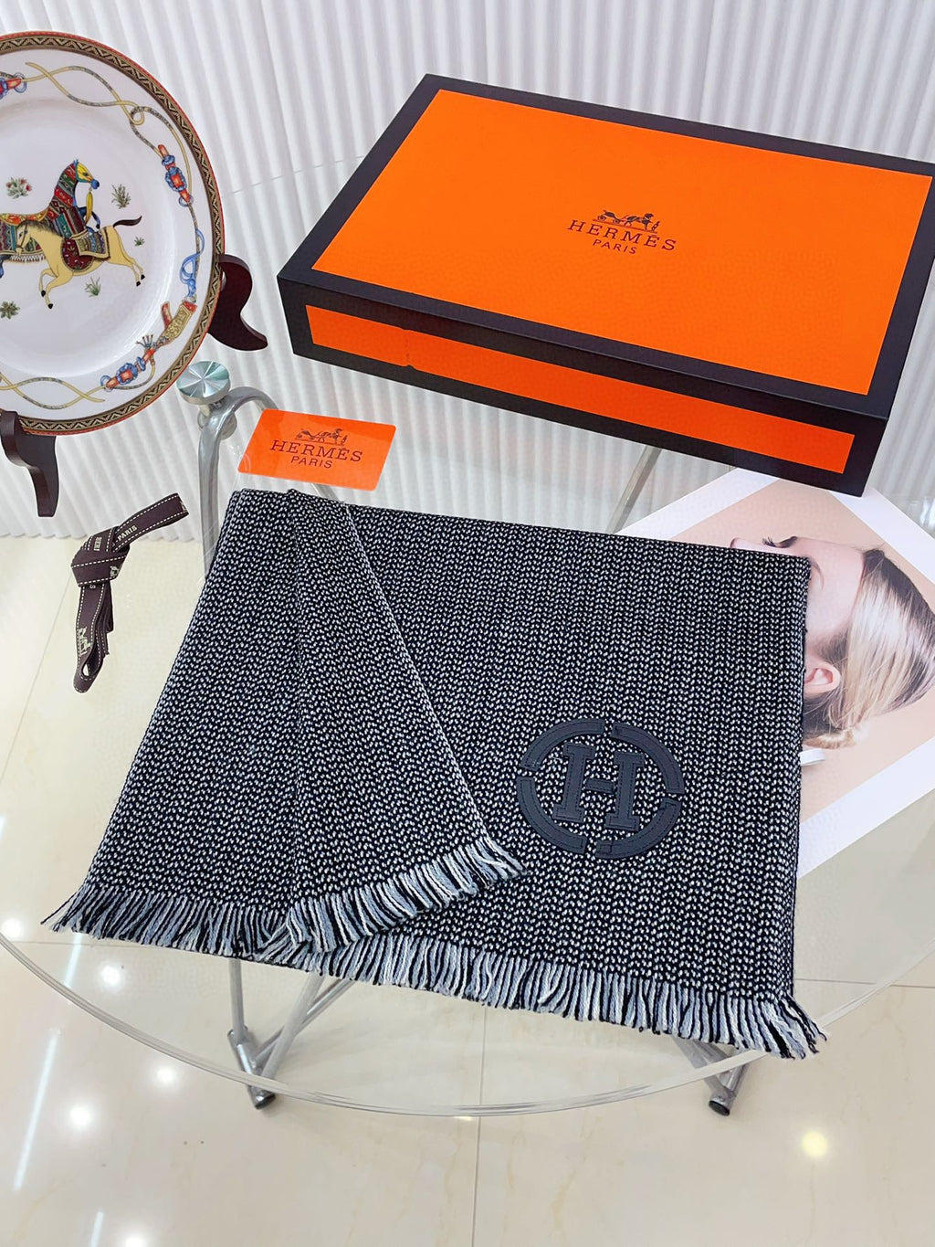 HERMES GRANITE MUFFLER 180 CM SCARF IN MARINE MIX BLEU MOYEN CASERE