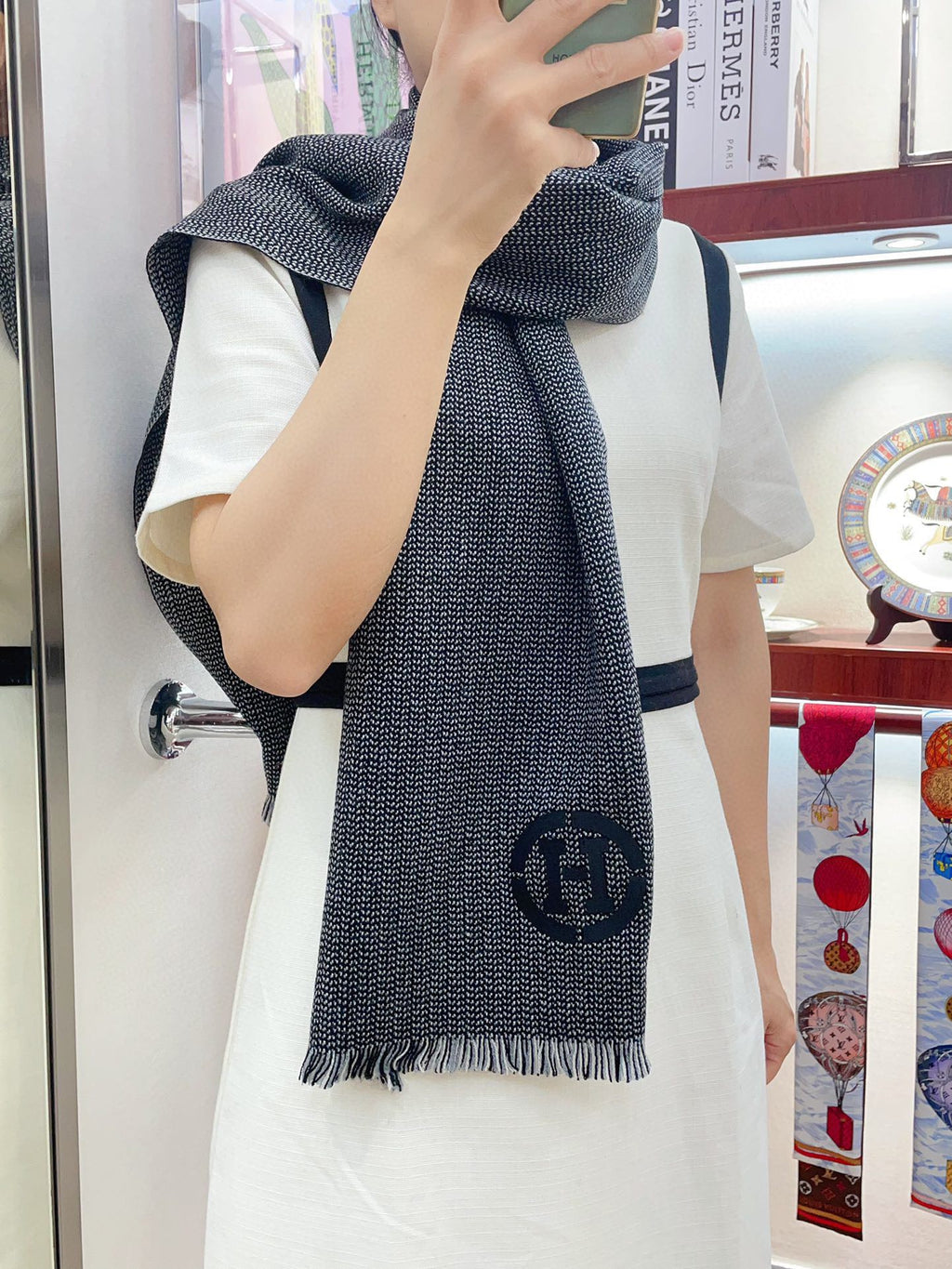 HERMES GRANITE MUFFLER 180 CM SCARF IN MARINE MIX BLEU MOYEN CASERE