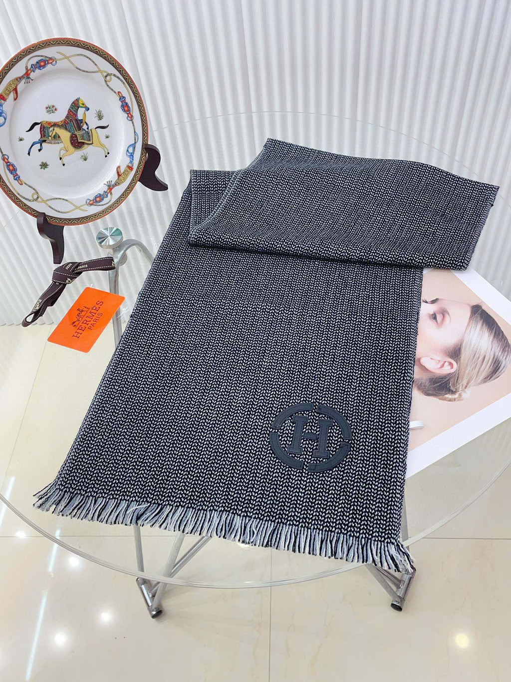 HERMES GRANITE MUFFLER 180 CM SCARF IN MARINE MIX BLEU MOYEN CASERE