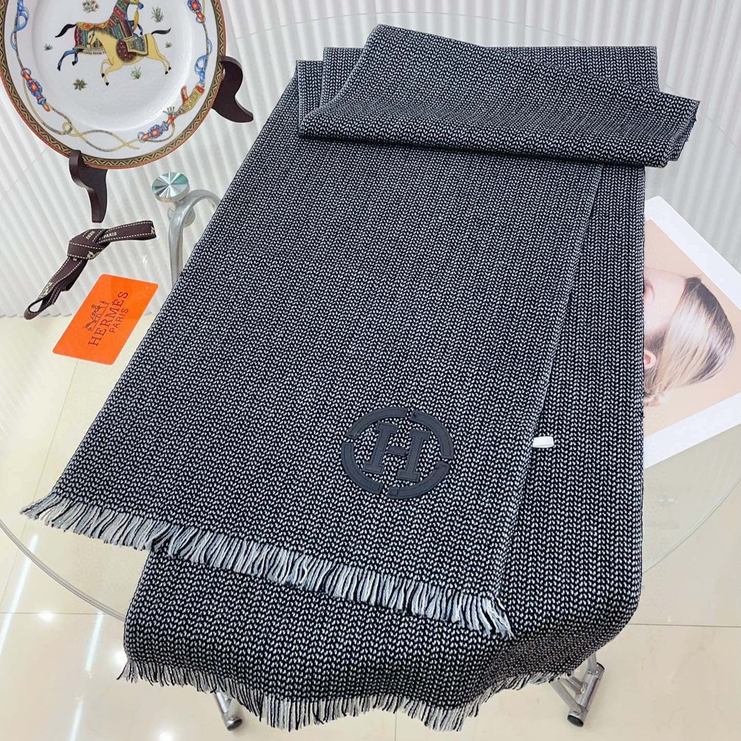 HERMES GRANITE MUFFLER 180 CM SCARF IN MARINE MIX BLEU MOYEN CASERE