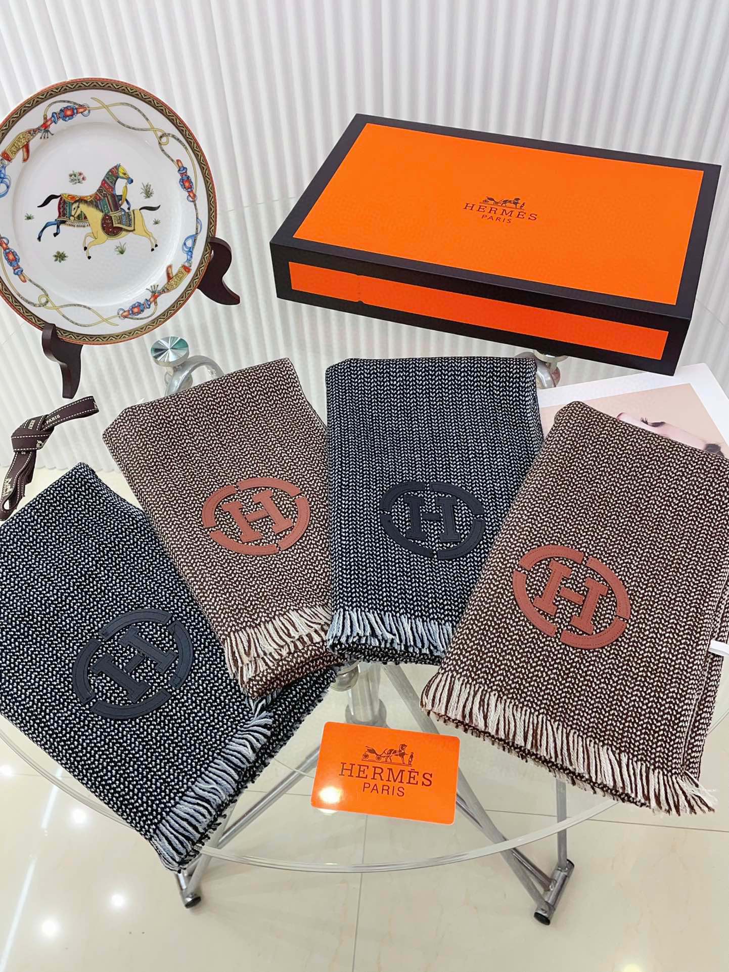 HERMES GRANITE MUFFLER 180 CM SCARF IN MARINE MIX BLEU MOYEN CASERE