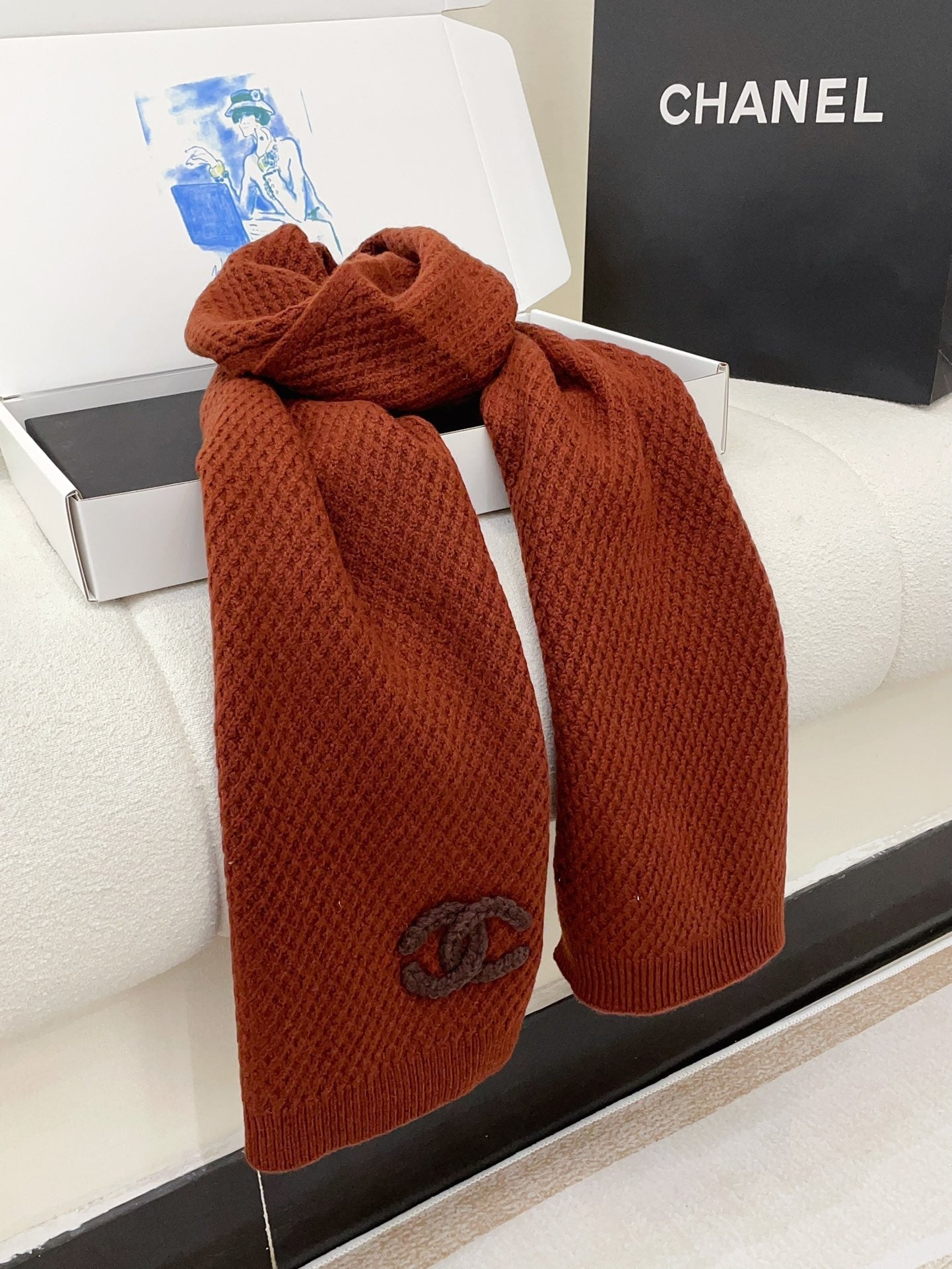 CHANEL SCARF 190 CM IN RED BROWN CASHMERE 393186