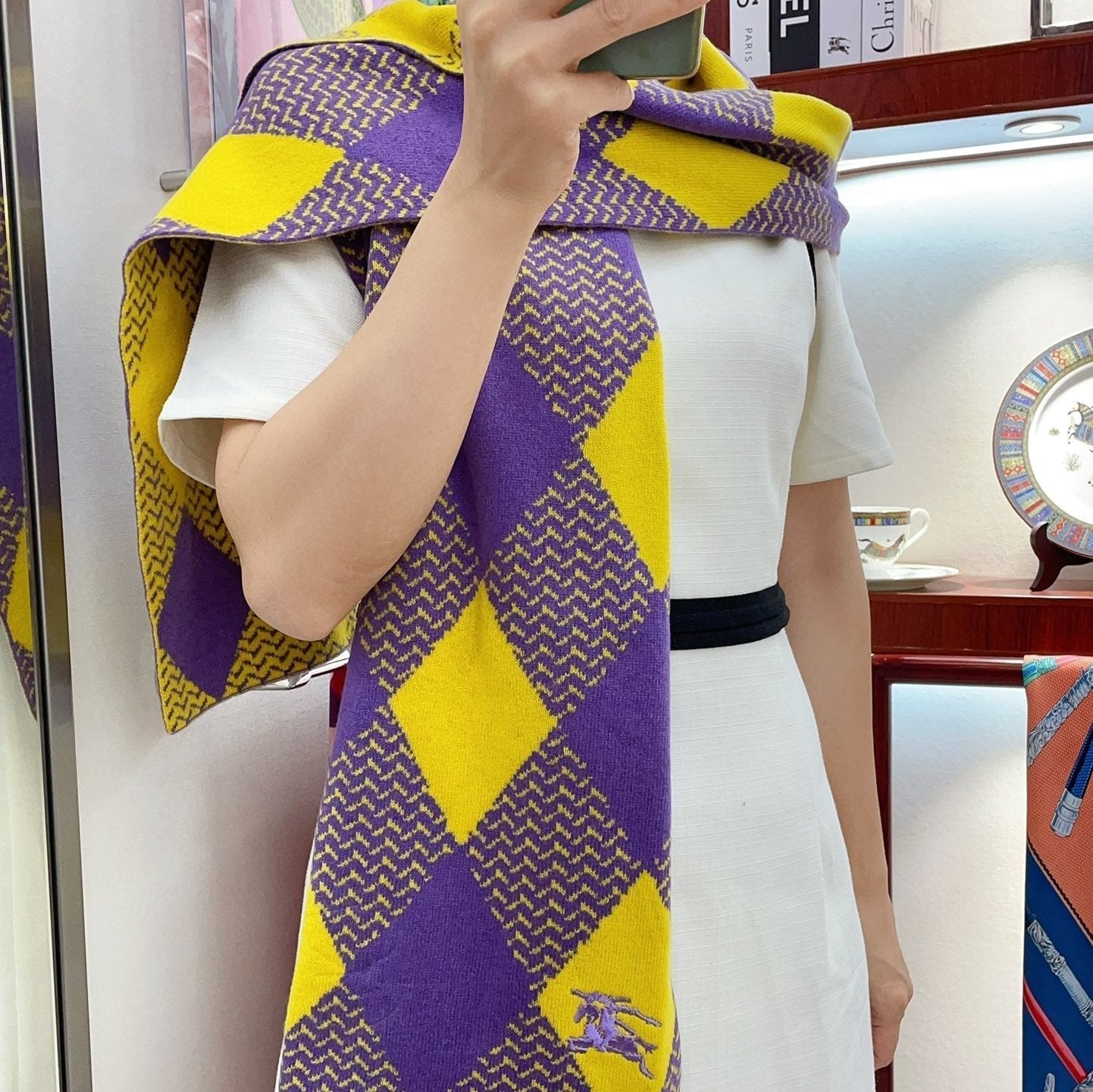 BURBERRY ARGYLE WOOL SCARF 190 CM VIOLET MIX BRIGHT YELLOW 394595