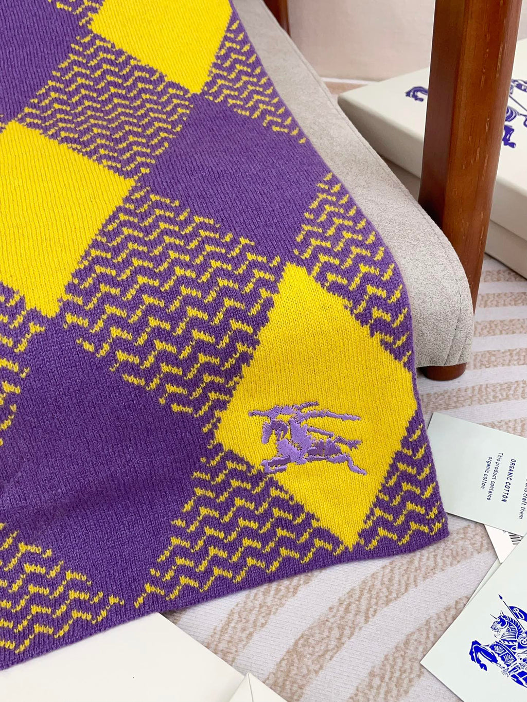 BURBERRY ARGYLE WOOL SCARF 190 CM VIOLET MIX BRIGHT YELLOW 394595