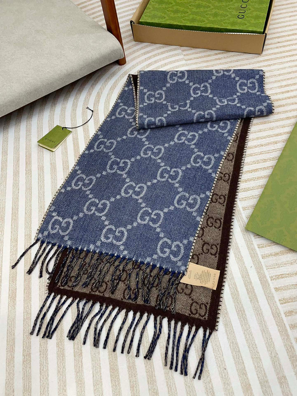 GUCCI JACQUARD WOOL SCARF DENIM BLUE MIX COFFEE BROWN 398286