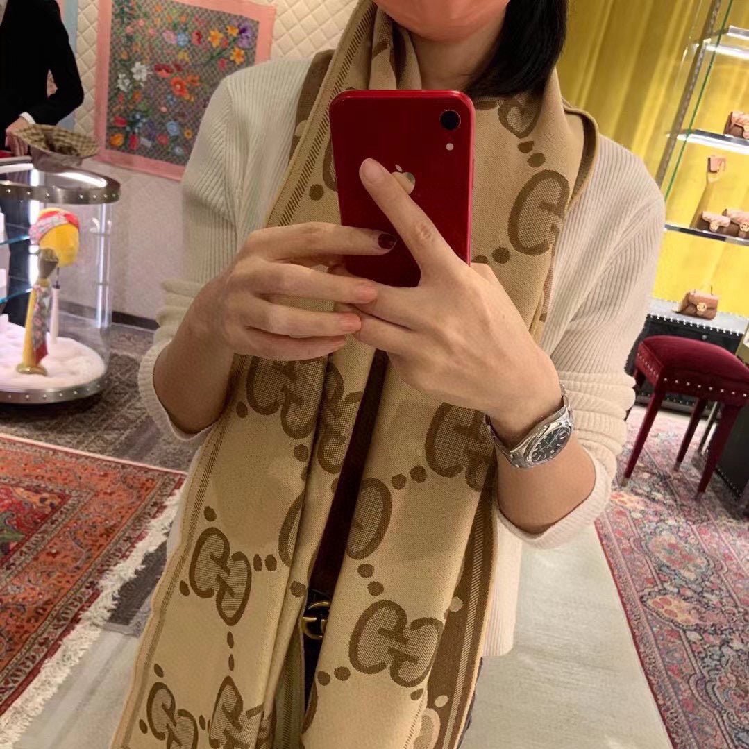 GUCCI DOUBLE-SIDED SCARF 200 CM IN COFFEE AND TAN BROWN WOOL AND SILK  398287