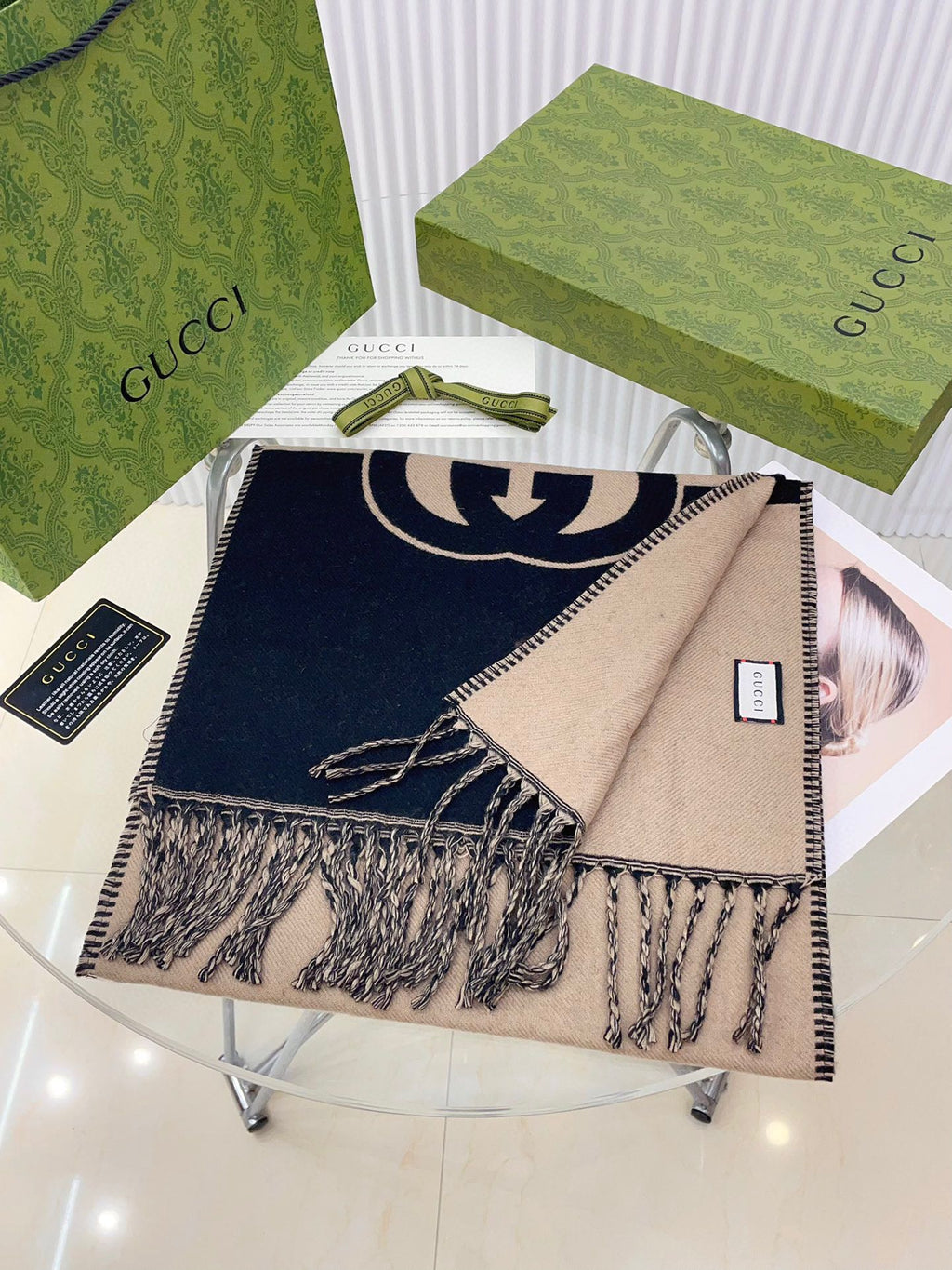 GUCCI CAMEL BEIGE AND BLACK WOOL WITH INTERLOCKING G SCARF 200 CM