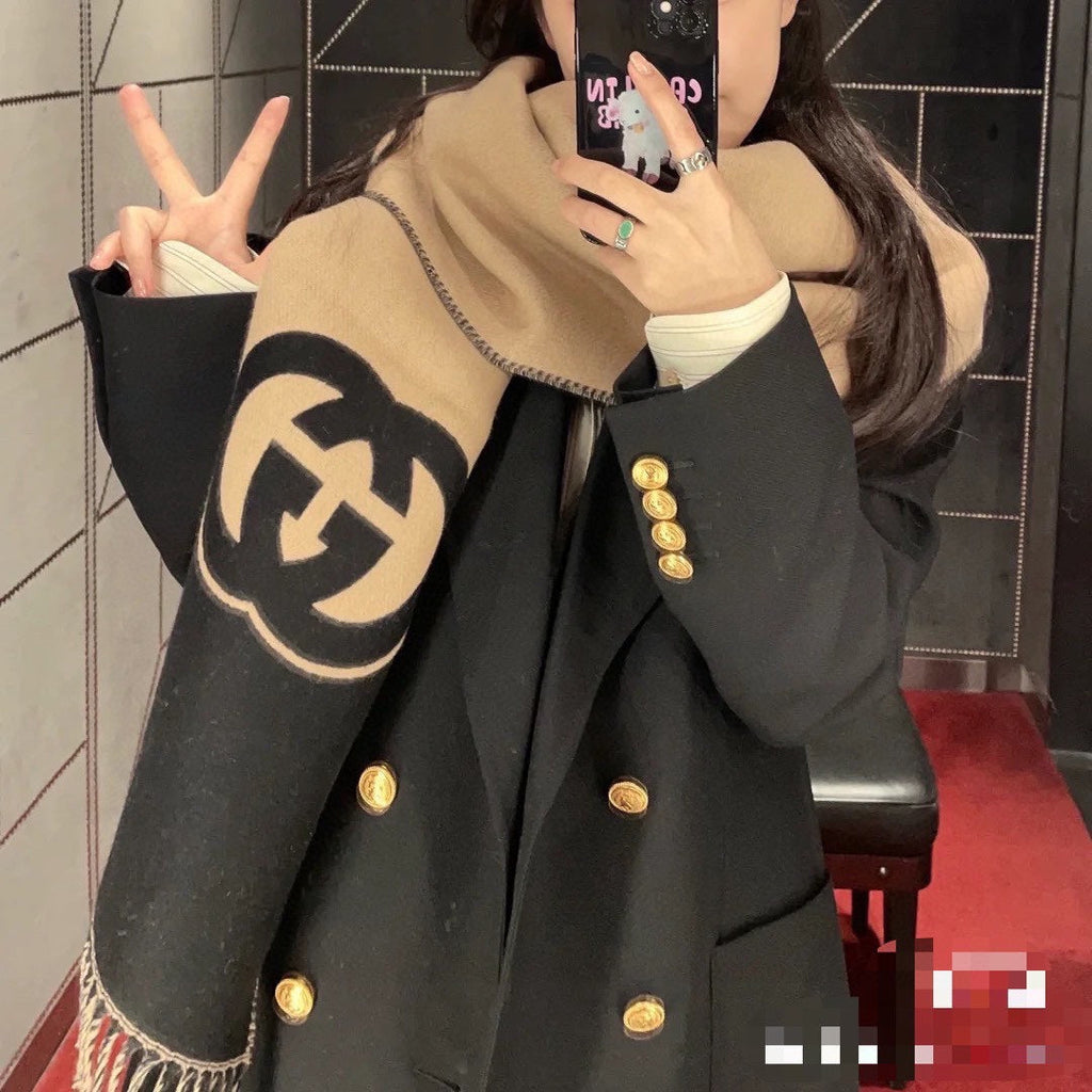 GUCCI CAMEL BEIGE AND BLACK WOOL WITH INTERLOCKING G SCARF 200 CM