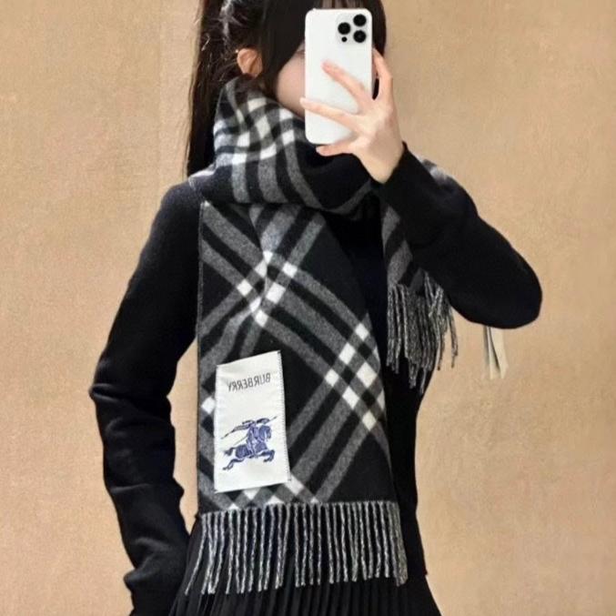 BURBERRY CHECK CASHMERE SCARF 168 CM BLACK MIX WHITE 410210