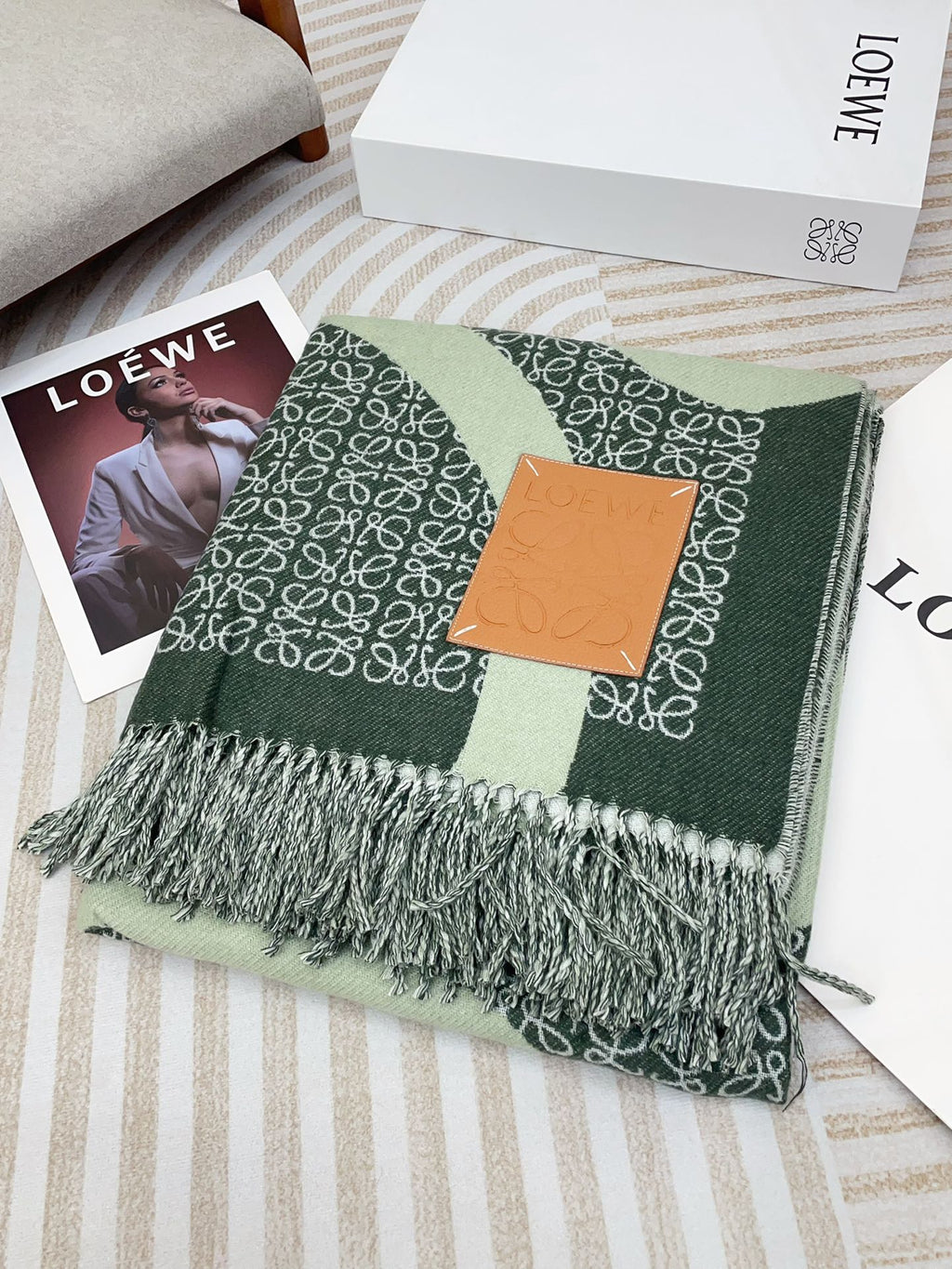 LOEWE ANAGRAM SCARF 140 CM IN GREEN FOREST WOOL 410214