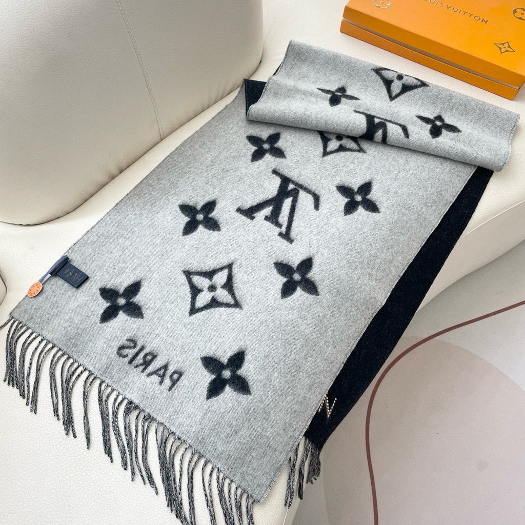 LOUIS VUITTON MONOGRAM FLOWERS SCARF 170 CM IN BLACK CASHMERE 390975