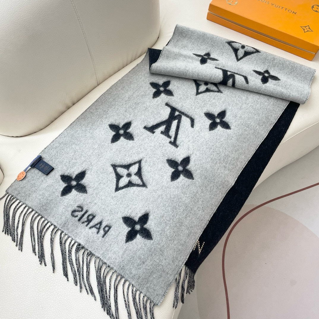 LOUIS VUITTON MONOGRAM FLOWERS SCARF 170 CM IN BLACK CASHMERE 390975