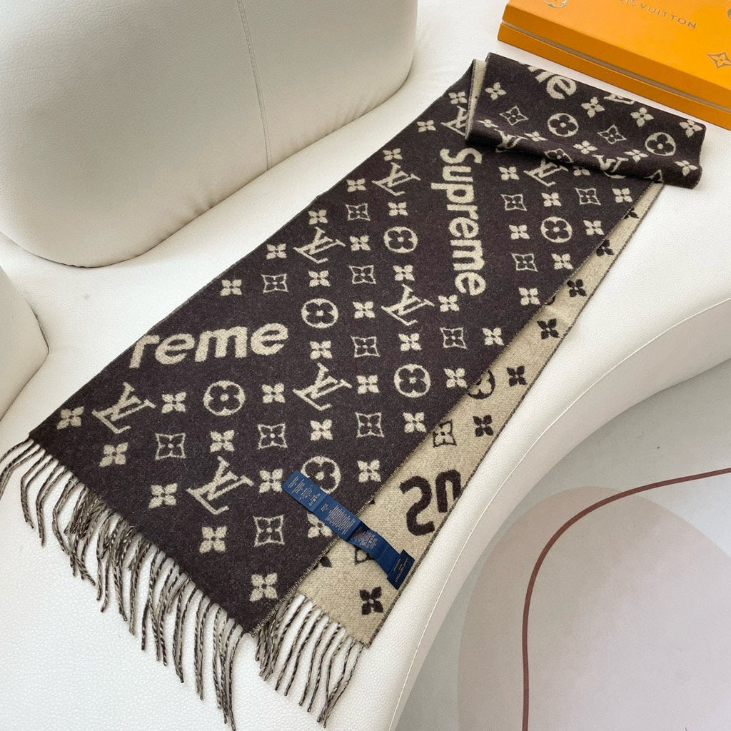 LOUIS VUITTON SUPREME X MONOGRAM 180 CM SCARF IN UMBER BROWN WOOL AND CASHMERE 392941