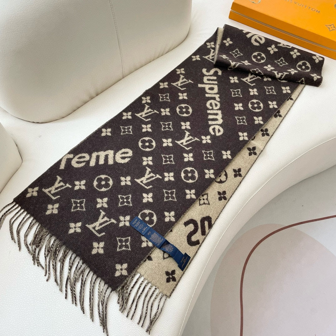 LOUIS VUITTON SUPREME X MONOGRAM 180 CM SCARF IN UMBER BROWN WOOL AND CASHMERE 392941