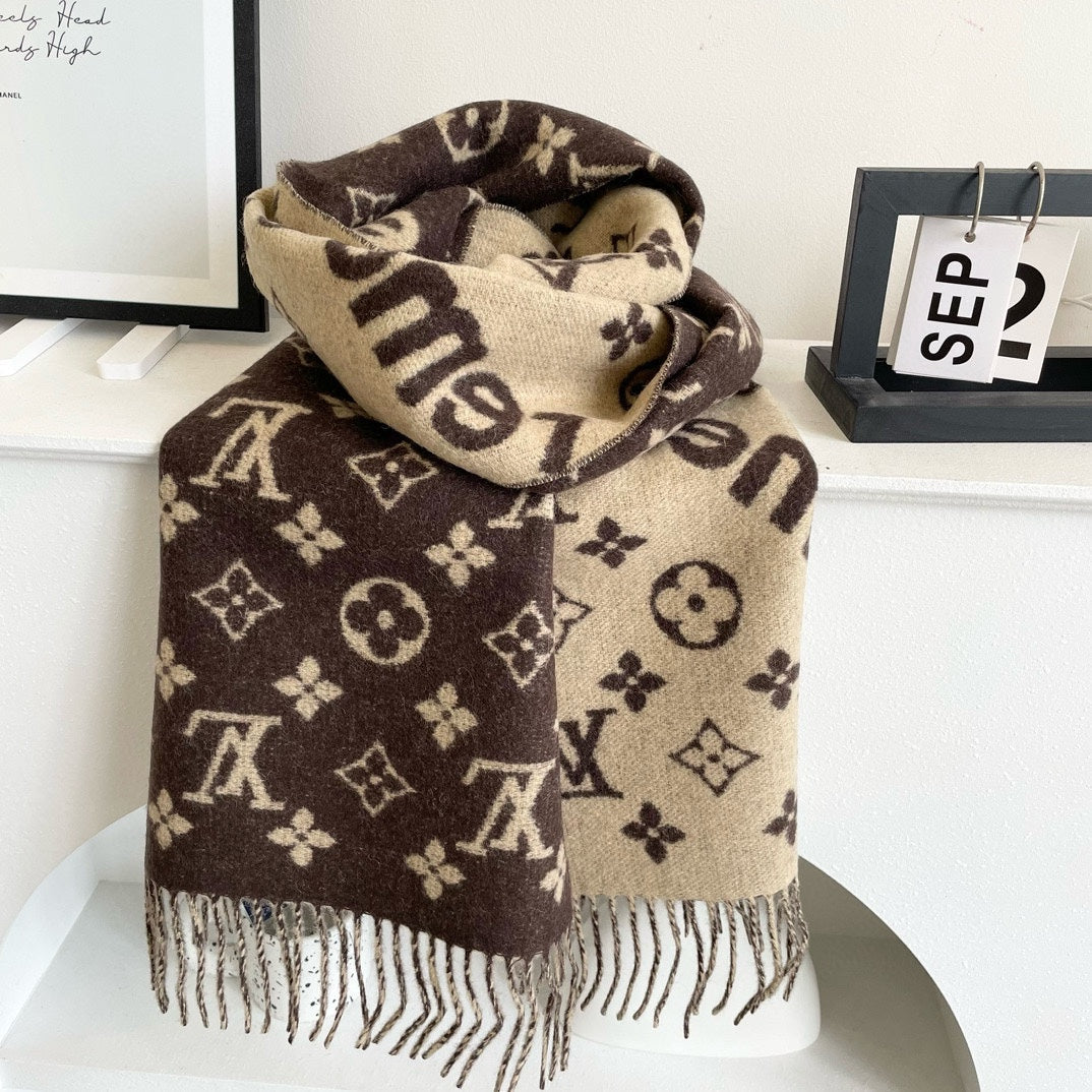 LOUIS VUITTON SUPREME X MONOGRAM 180 CM SCARF IN UMBER BROWN WOOL AND CASHMERE 392941
