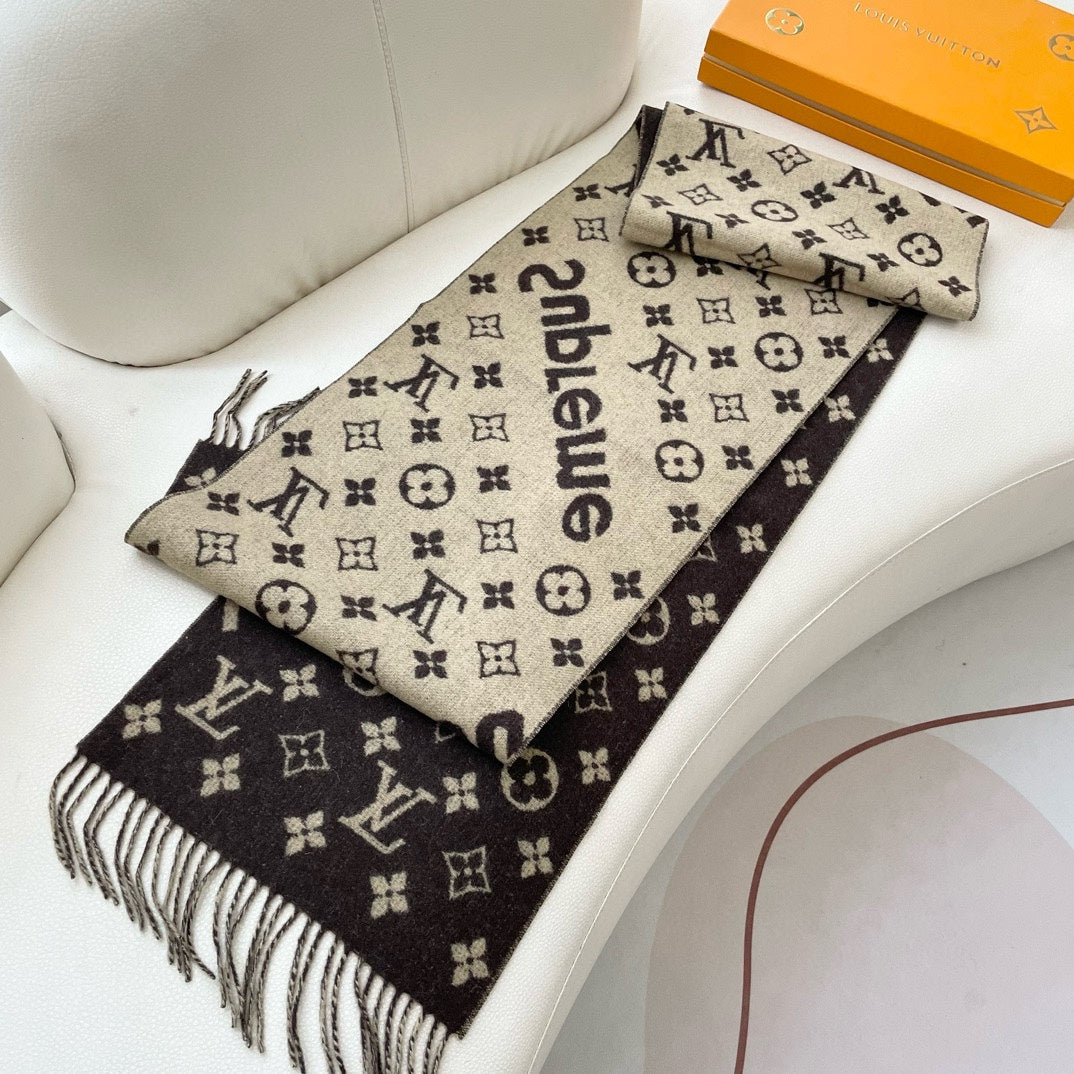 LOUIS VUITTON SUPREME X MONOGRAM 180 CM SCARF IN UMBER BROWN WOOL AND CASHMERE 392941