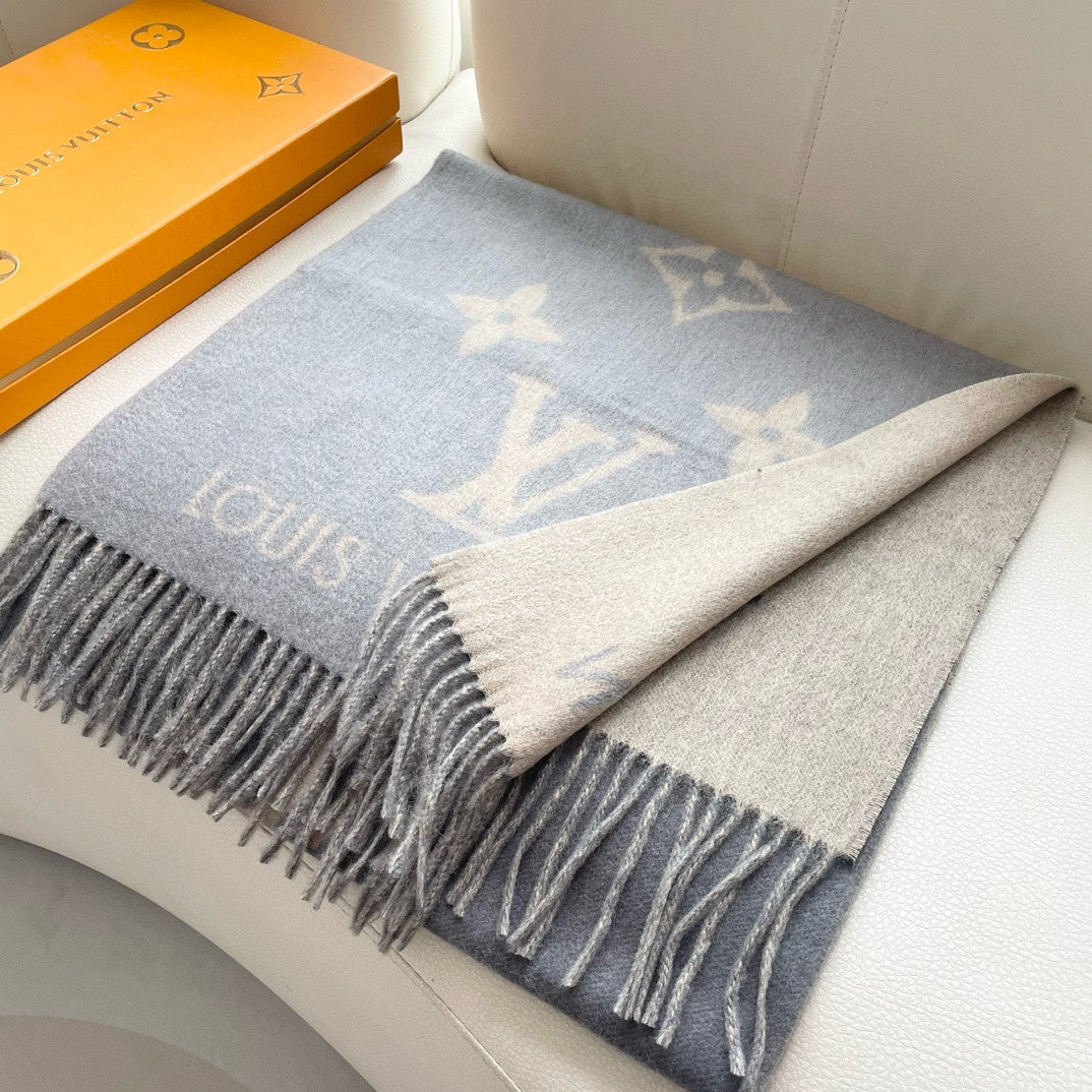 LOUIS VUITTON REYKJAVIK GRADIENT SCARF 220 CM IN DOVE GRAY MIX CAMEL BROWN CASHMERE 399737