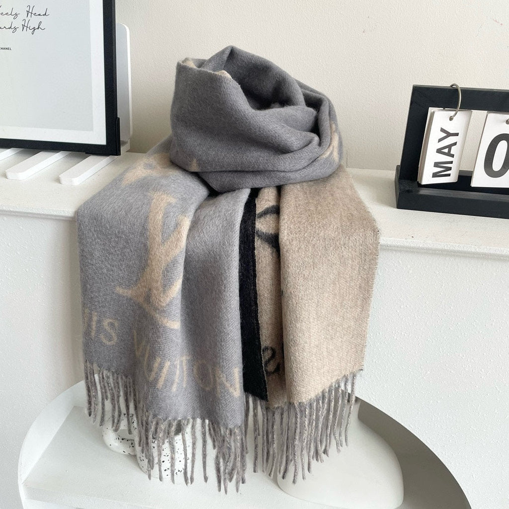 LOUIS VUITTON REYKJAVIK GRADIENT SCARF 220 CM IN DOVE GRAY MIX CAMEL BROWN CASHMERE 399737