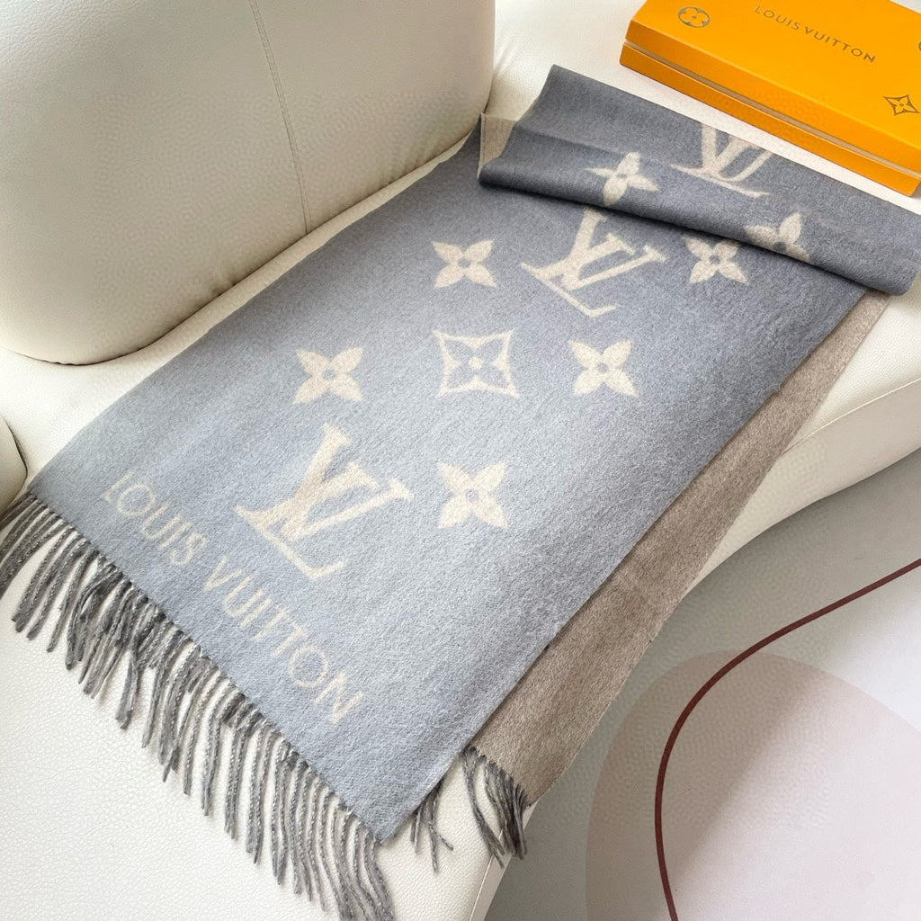 LOUIS VUITTON REYKJAVIK GRADIENT SCARF 220 CM IN DOVE GRAY MIX CAMEL BROWN CASHMERE 399737