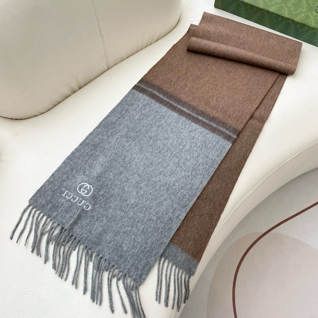GUCCI SCARF 190 CM IN DOVE GRAY MIX CAMEL BEIGE CASHMERE AND WOOL 399761