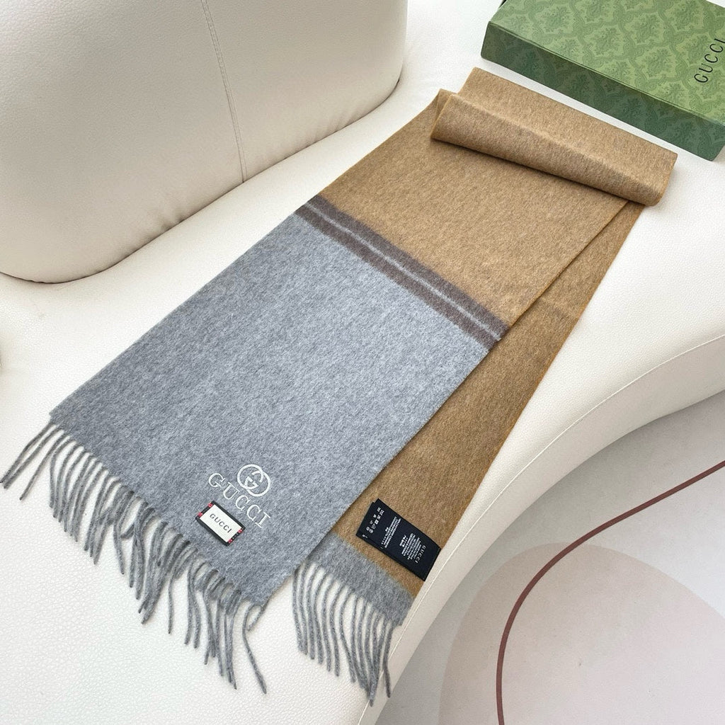 GUCCI SCARF 190 CM IN DOVE GRAY MIX TORTILLA BROWN CASHMERE AND WOOL 399763
