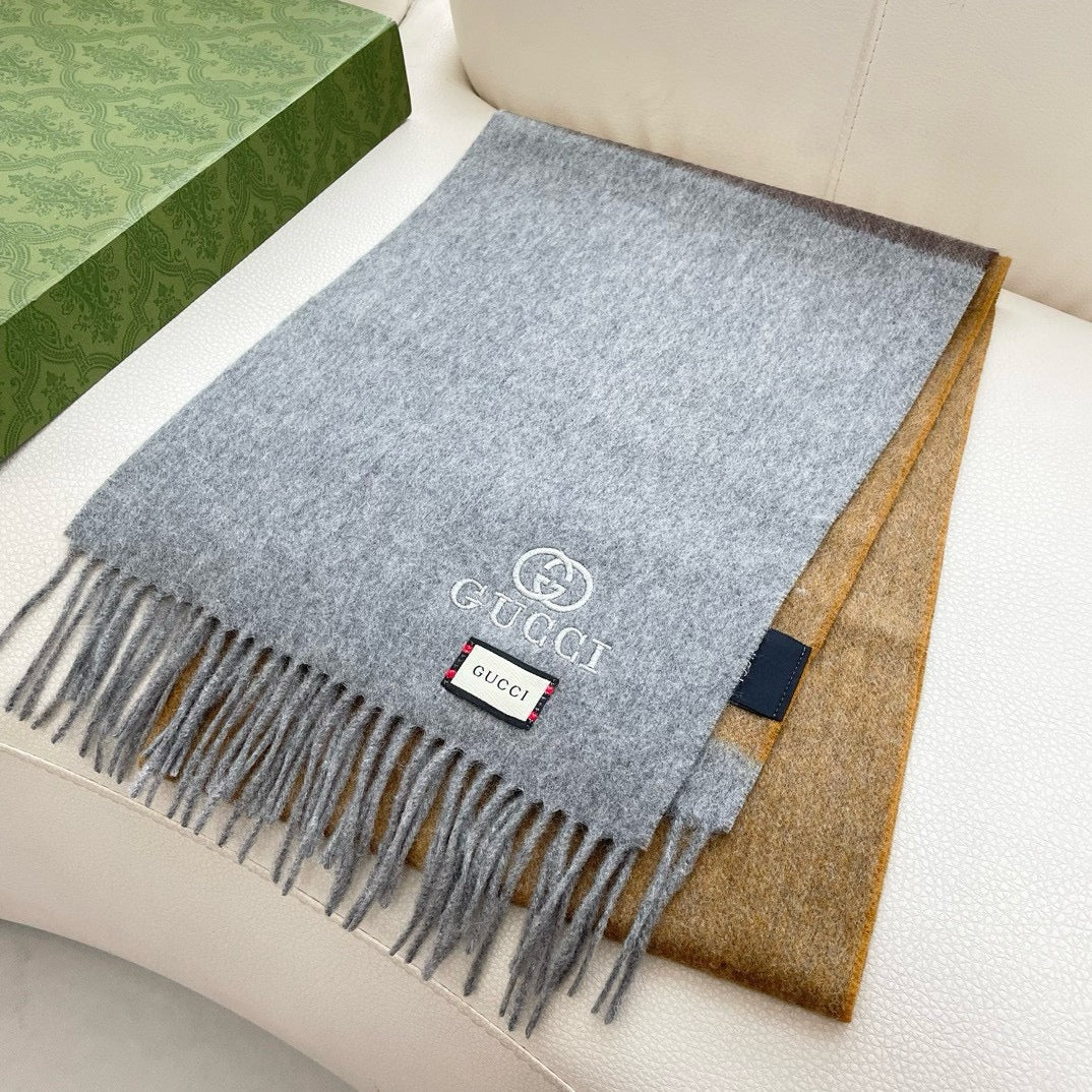 GUCCI SCARF 190 CM IN DOVE GRAY MIX TORTILLA BROWN CASHMERE AND WOOL 399763