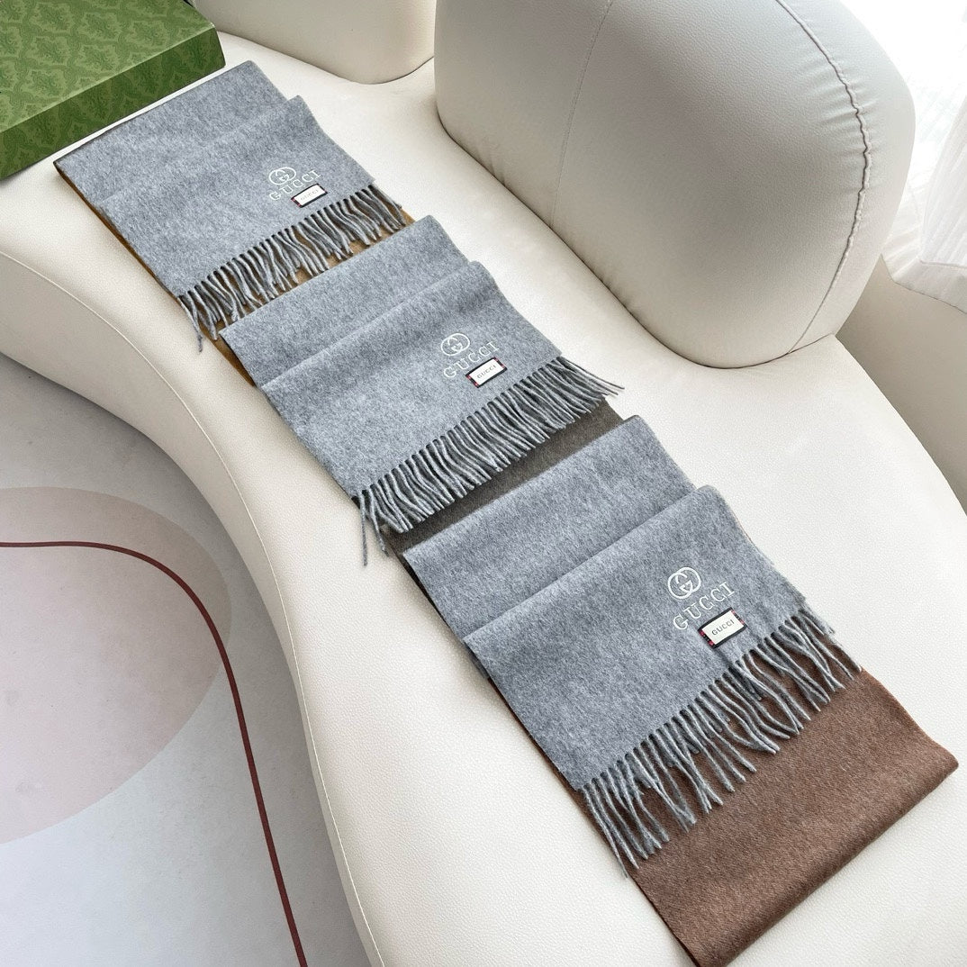 GUCCI SCARF 190 CM IN DOVE GRAY MIX TORTILLA BROWN CASHMERE AND WOOL 399763