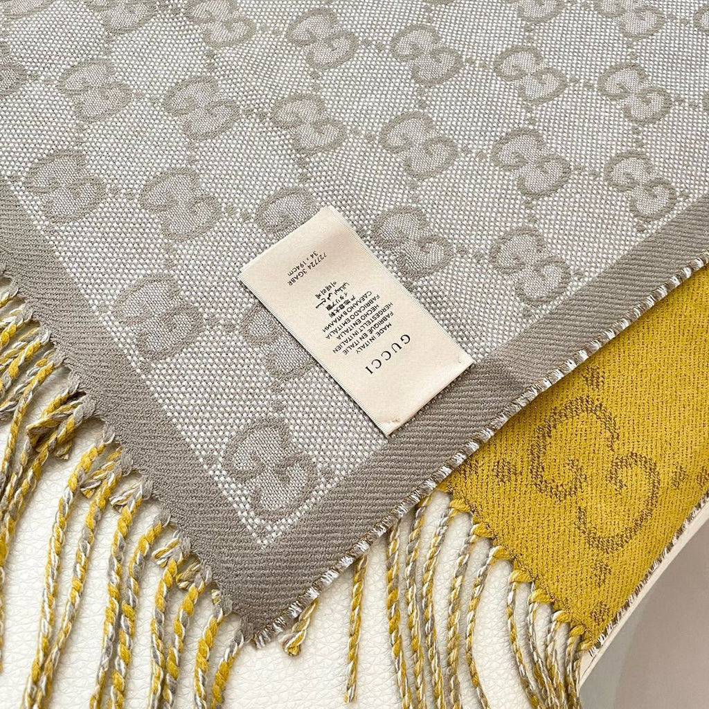 GUCCI SCARF 195 CM IN DIJON YELLOW AND KHAKI BROWN CASHMERE 401403