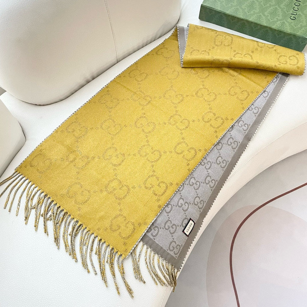 GUCCI SCARF 195 CM IN DIJON YELLOW AND KHAKI BROWN CASHMERE 401403
