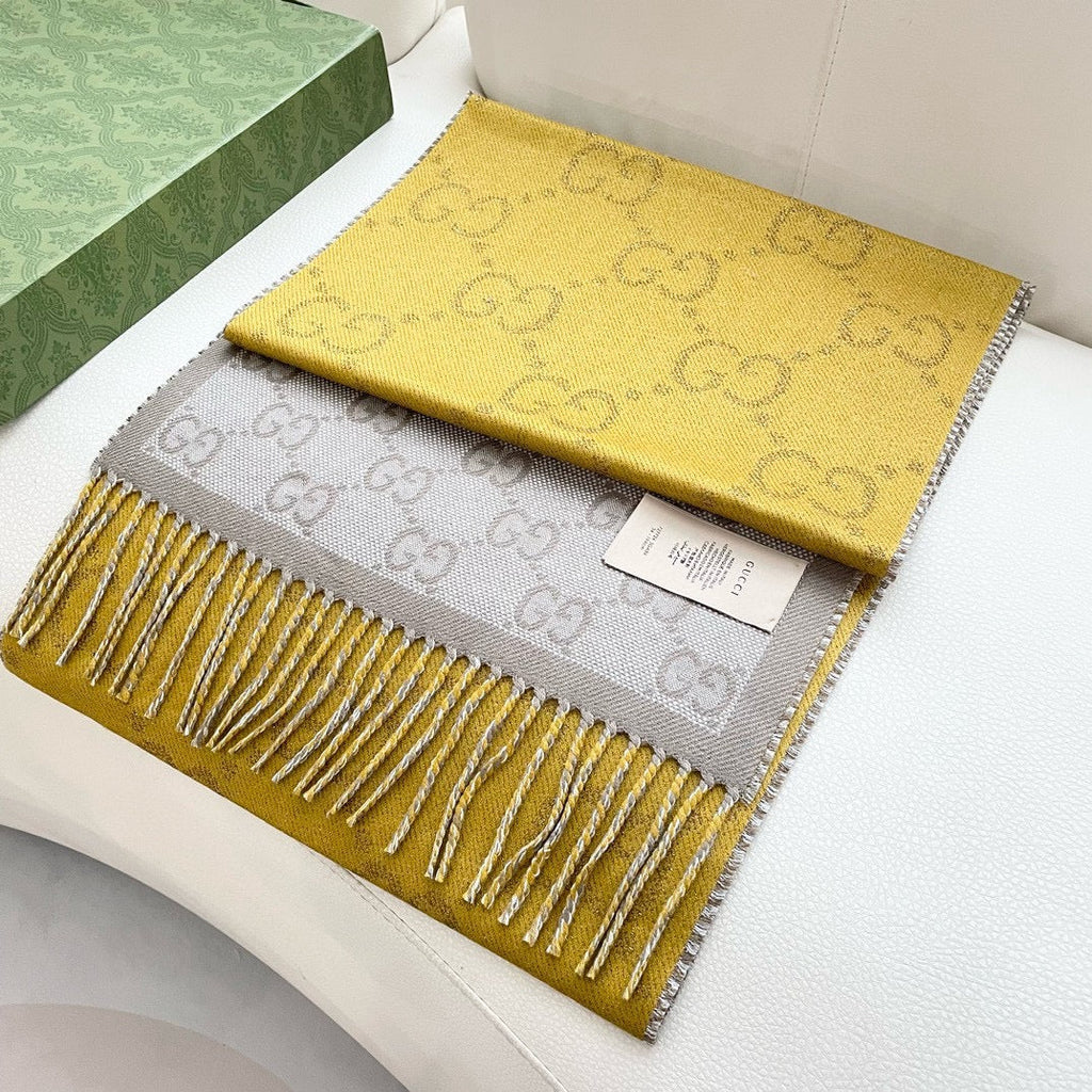 GUCCI SCARF 195 CM IN DIJON YELLOW AND KHAKI BROWN CASHMERE 401403