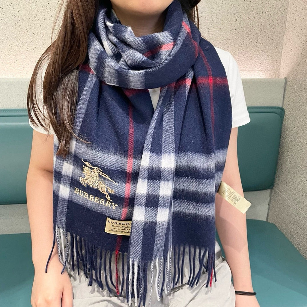 BURBERRY CHECK SCARF 180 CM IN INDIGO BLUE MIX WHITE CASHMERE 405480