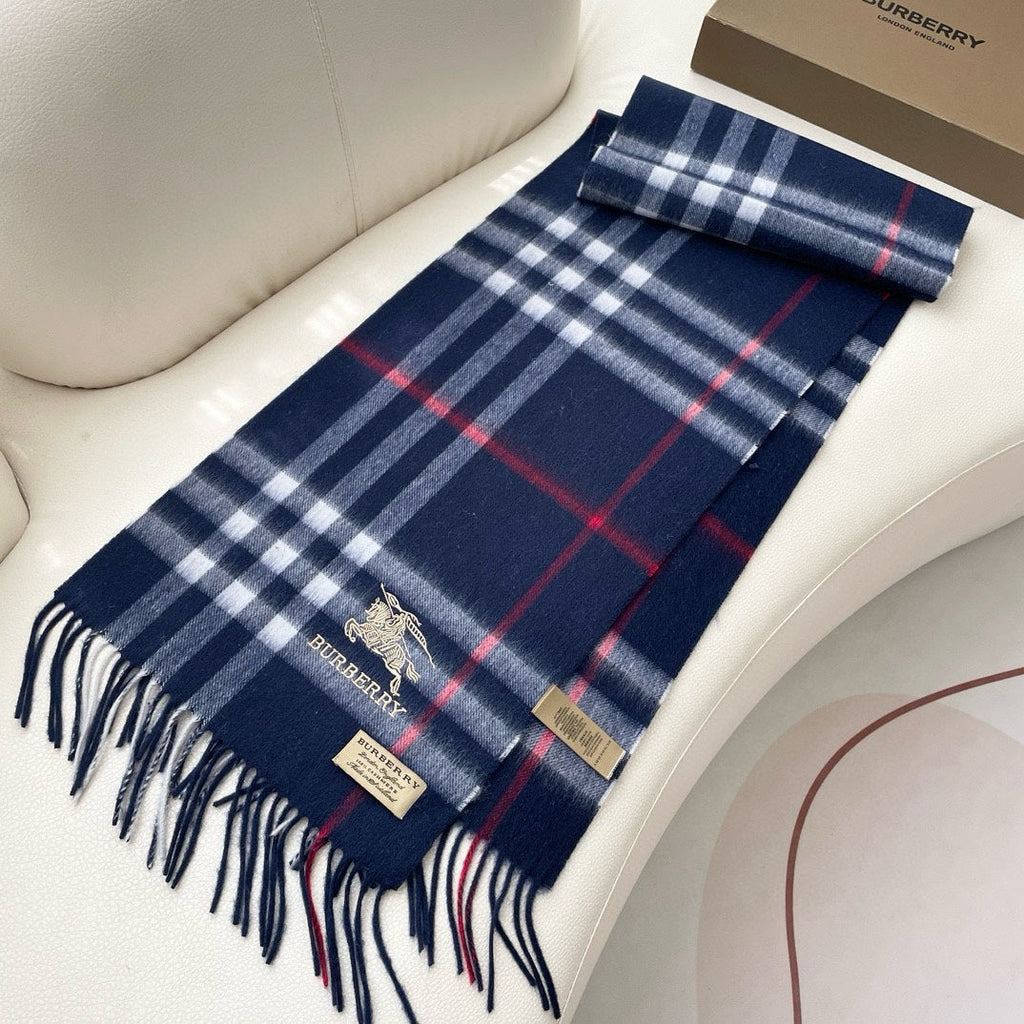 BURBERRY CHECK SCARF 180 CM IN INDIGO BLUE MIX WHITE CASHMERE 405480
