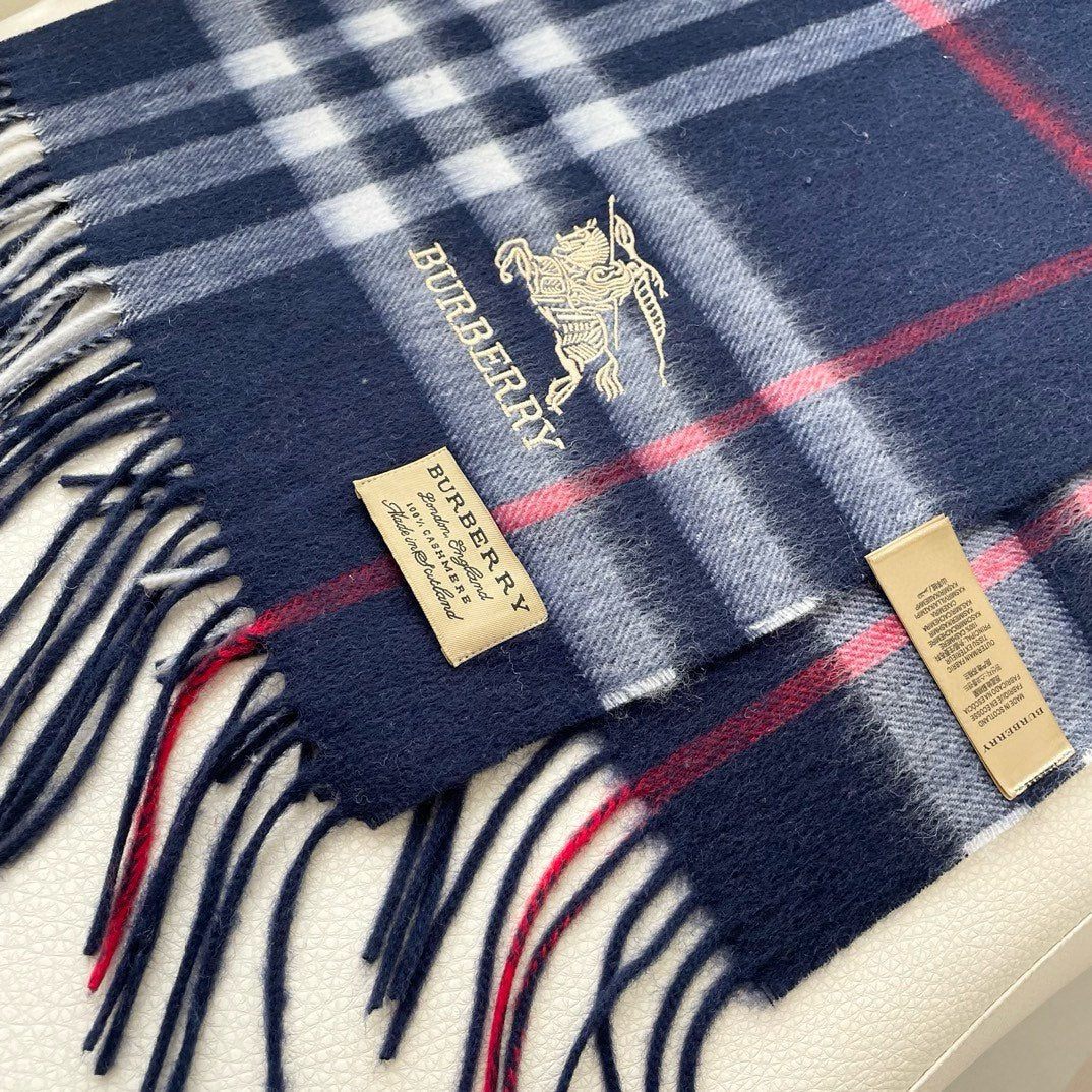 BURBERRY CHECK SCARF 180 CM IN INDIGO BLUE MIX WHITE CASHMERE 405480