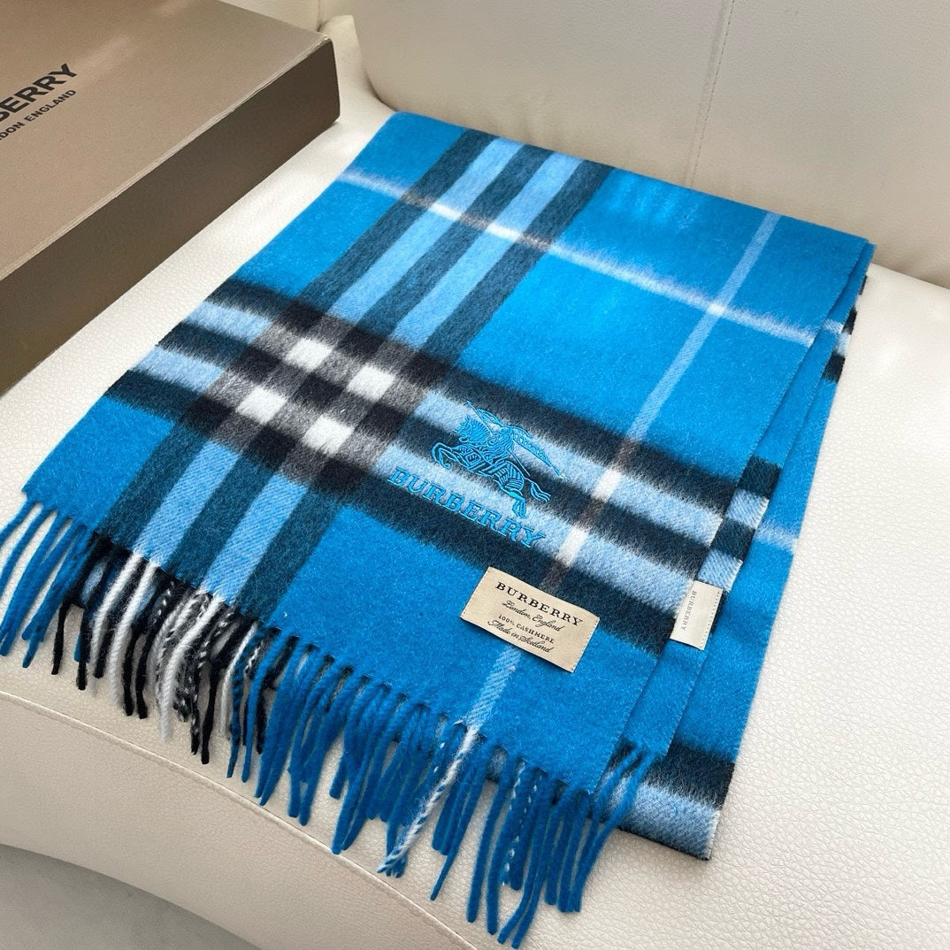 BURBERRY CHECK SCARF 180 CM IN AZURE BLUE MIX BLACK CASHMERE 405481