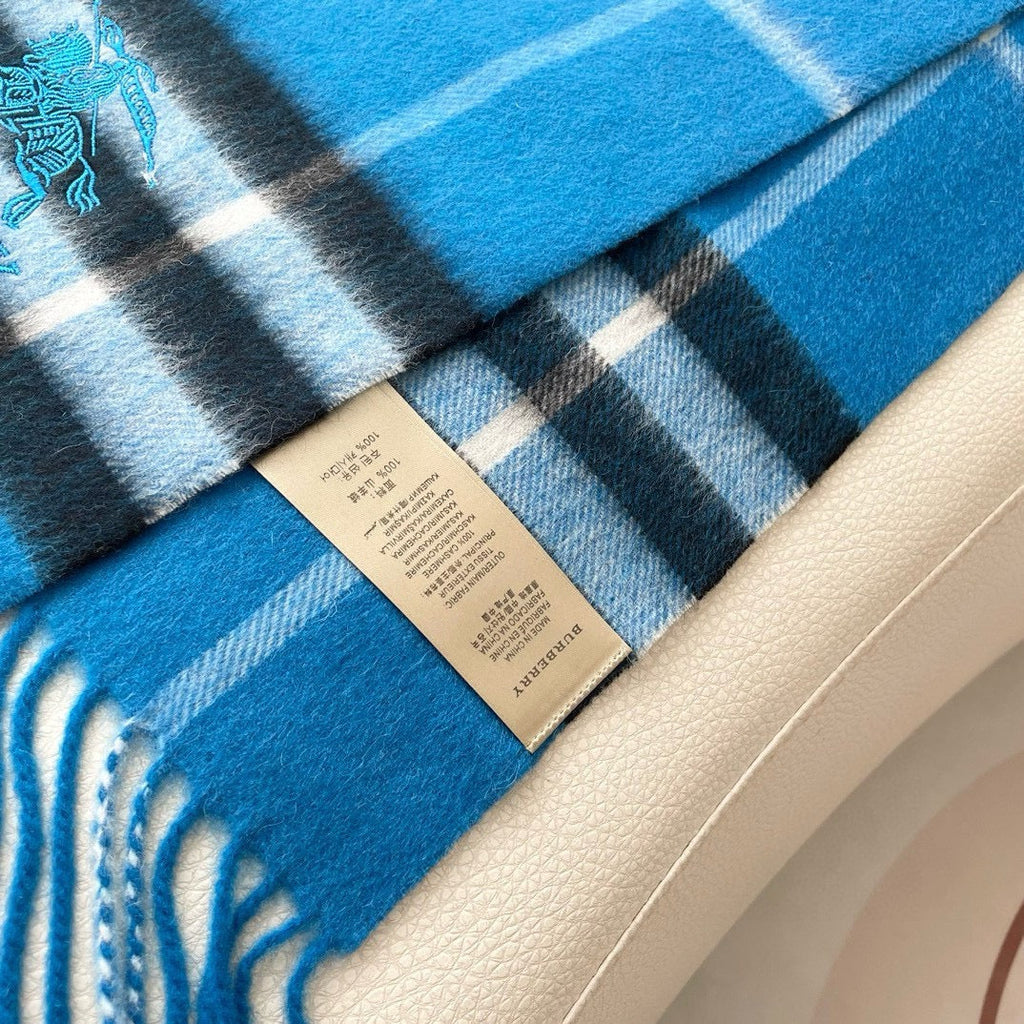 BURBERRY CHECK SCARF 180 CM IN AZURE BLUE MIX BLACK CASHMERE 405481